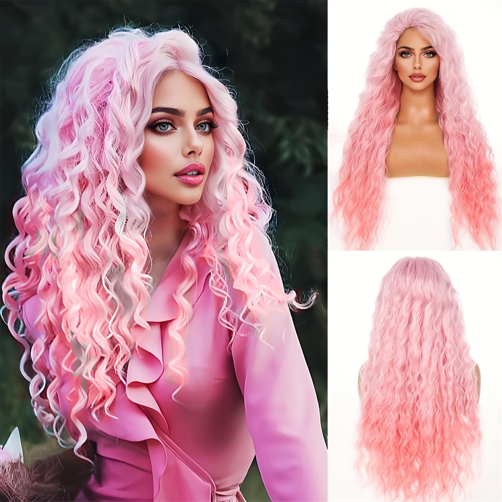 Ombre Pink Long Curly Wave Wig | Women'S Fashionable Elegant Style High Temperature Fiber Rose Net Cap For Daily Wear Party - Thumbnail 2