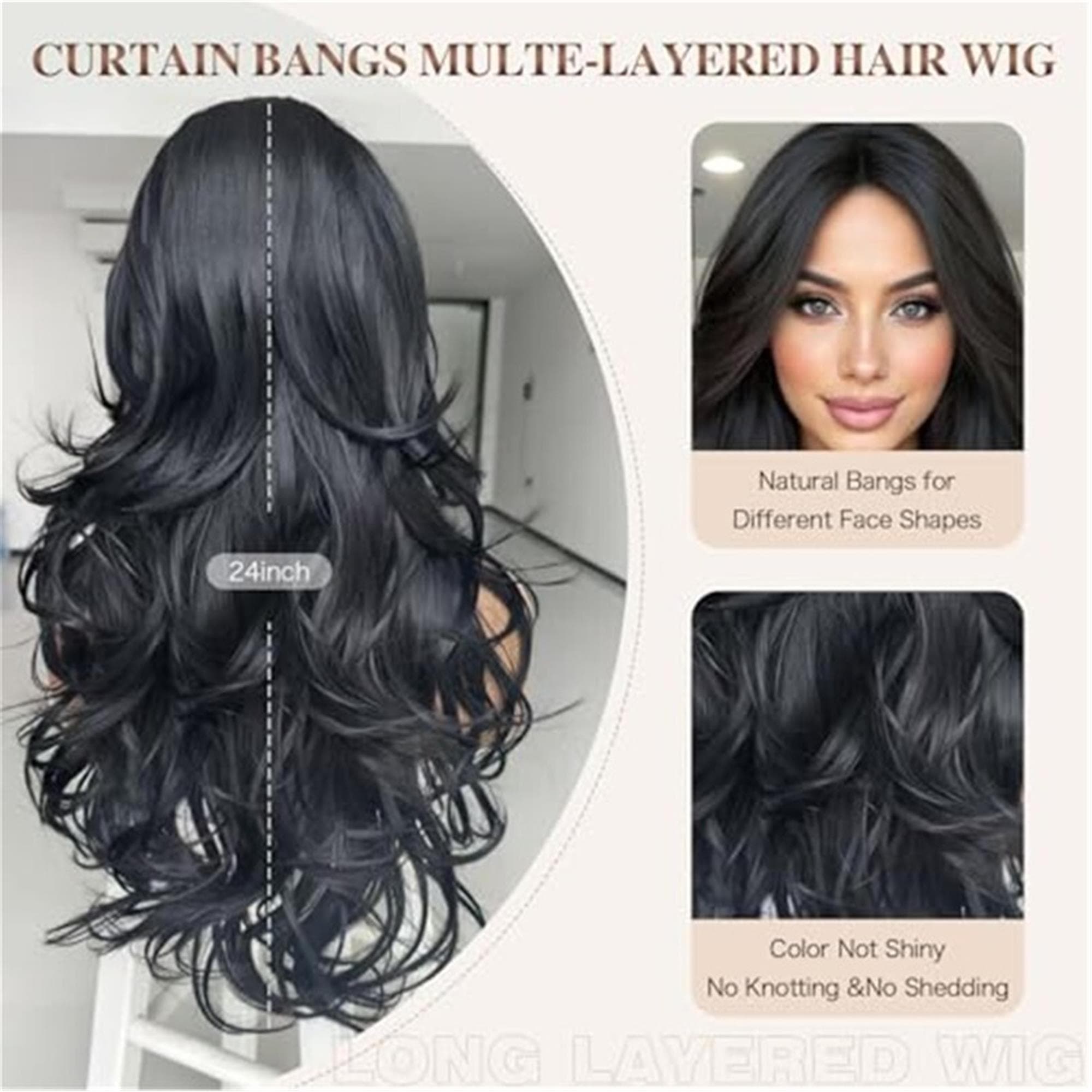 Black Wavy Long Layered Wig with Curtain Bangs - Thumbnail 4