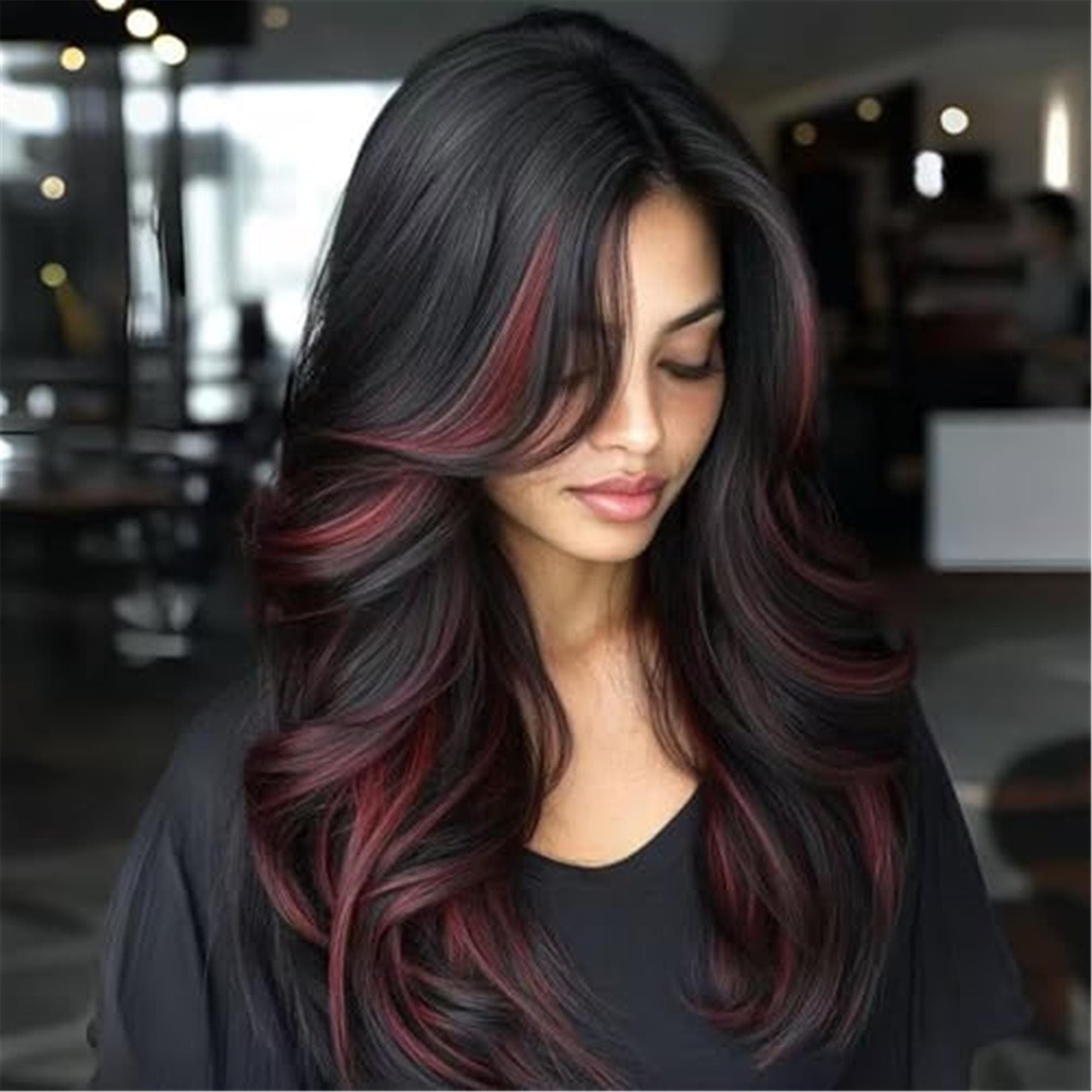 Highlight Burgundy Layered Wavy Wig With Curtain Bangs for Women Synthetic Black Mixd Red Highlights Wig Long Curly Natural Body Wave