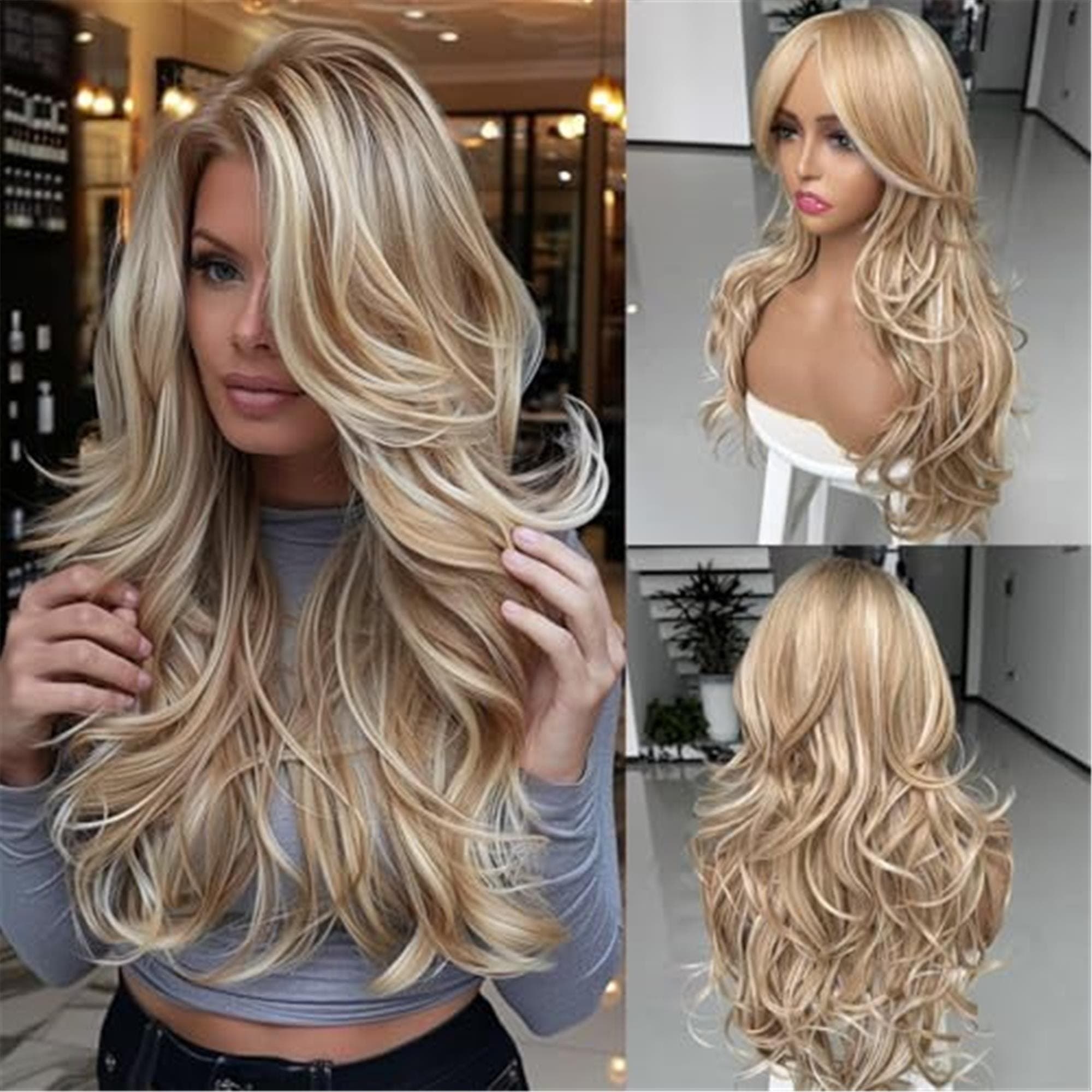 Ombre Platinum Brown Highlight Layered Wavy Wig With Curtain Bangs Light Blonde Highlight Wig