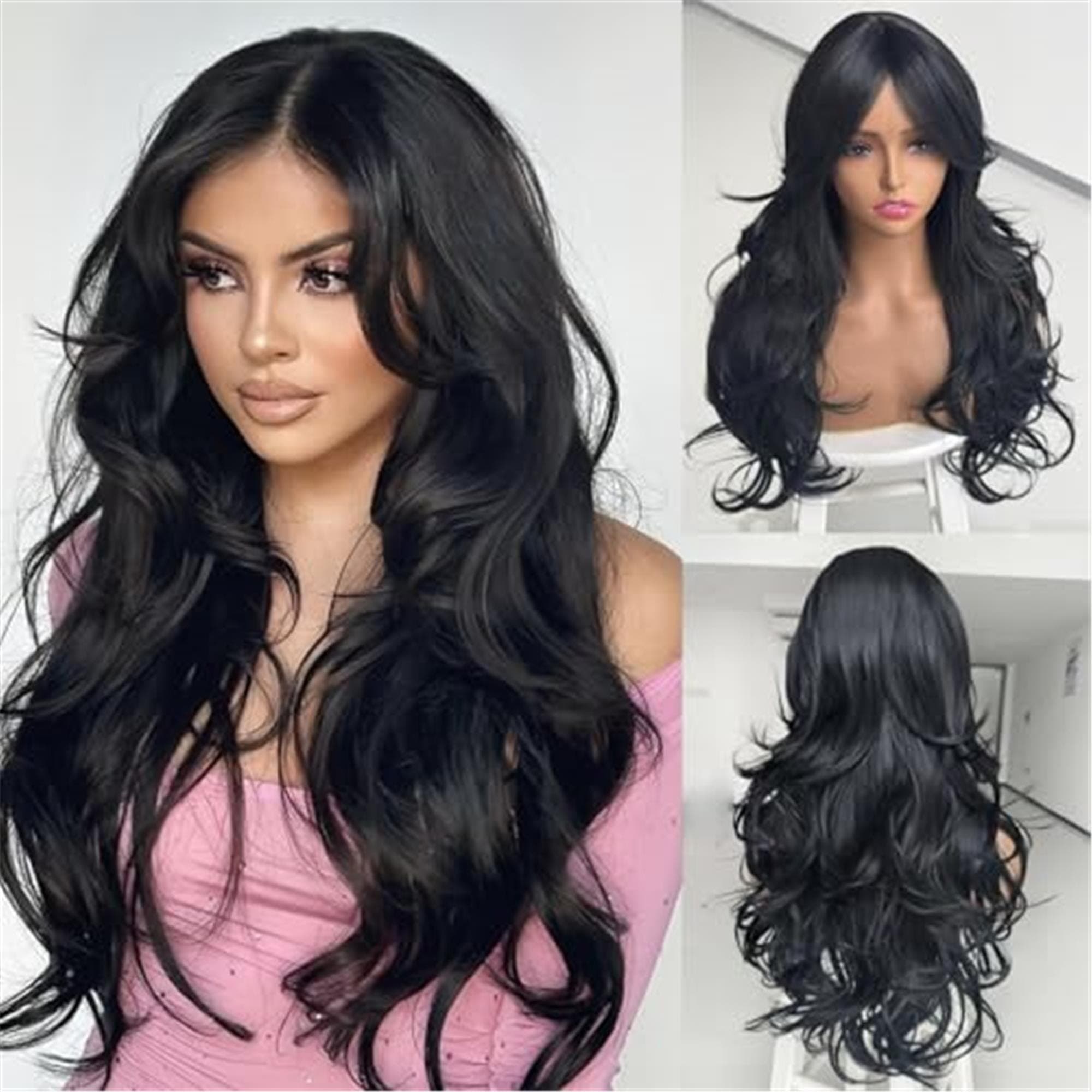Black Wavy Wigs for Women Long Layered Wig with Curtain Bangs