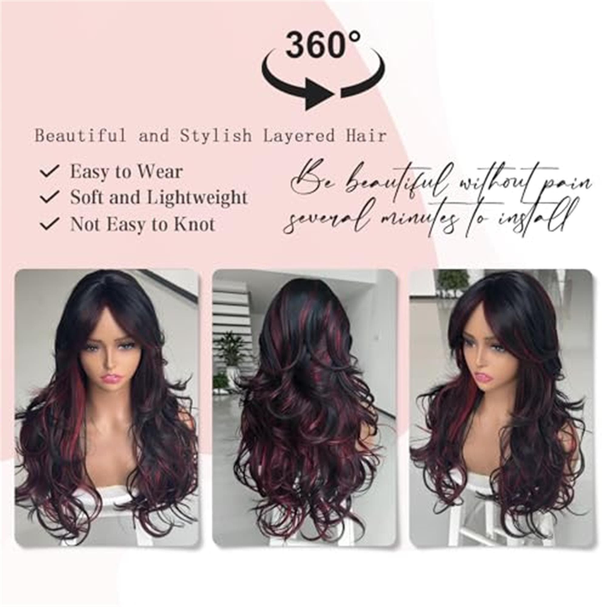 Highlight Burgundy Layered Wavy Wig With Curtain Bangs for Women Synthetic Black Mixd Red Highlights Wig Long Curly Natural Body Wave - Thumbnail 3