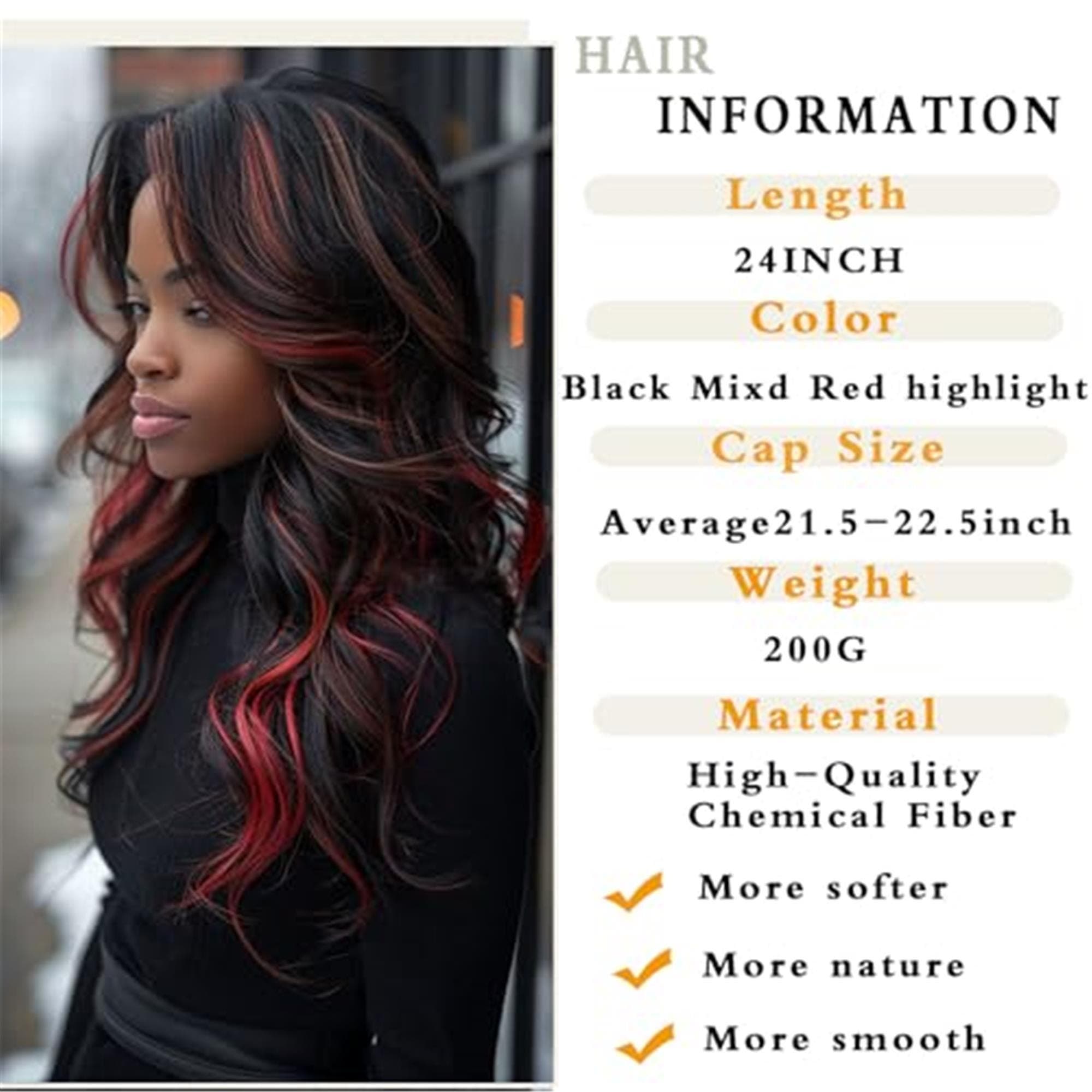 Highlight Burgundy Layered Wavy Wig With Curtain Bangs for Women Synthetic Black Mixd Red Highlights Wig Long Curly Natural Body Wave - Thumbnail 4
