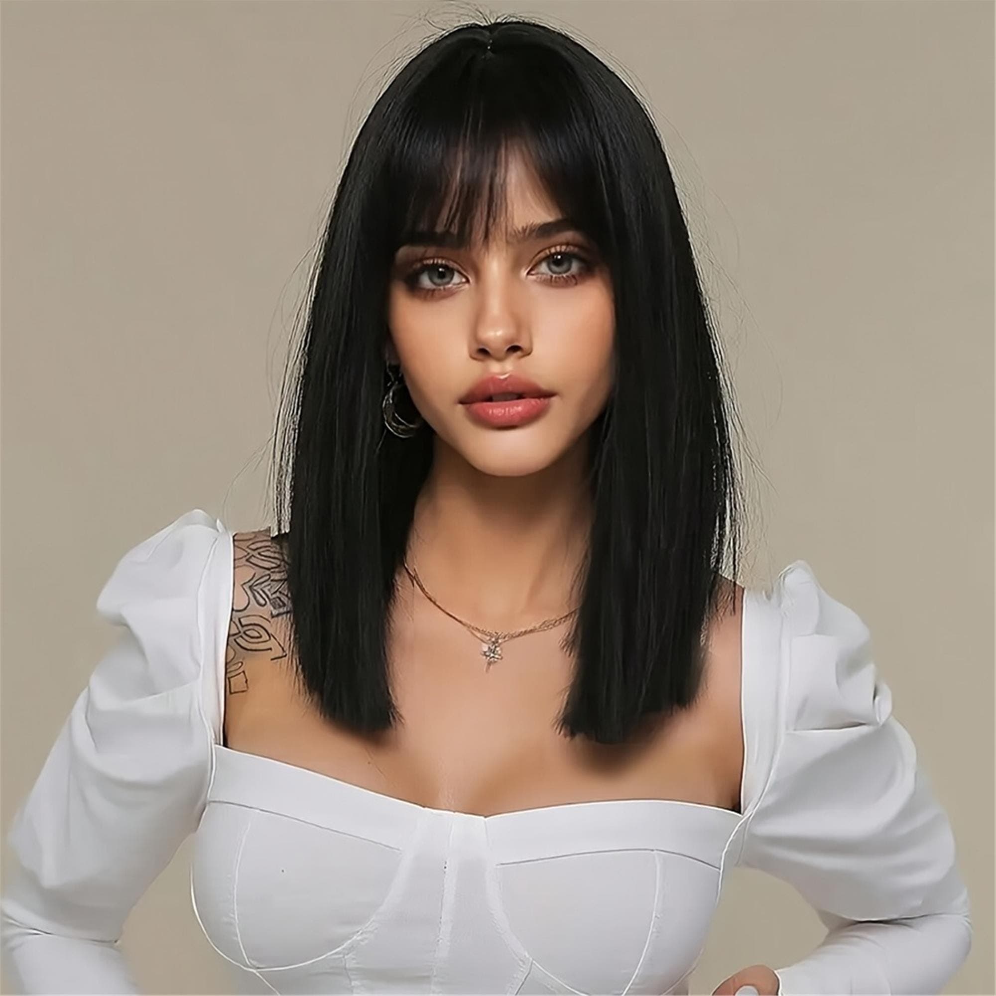 16" Blunt Cut Straight Bob Wig with Bangs