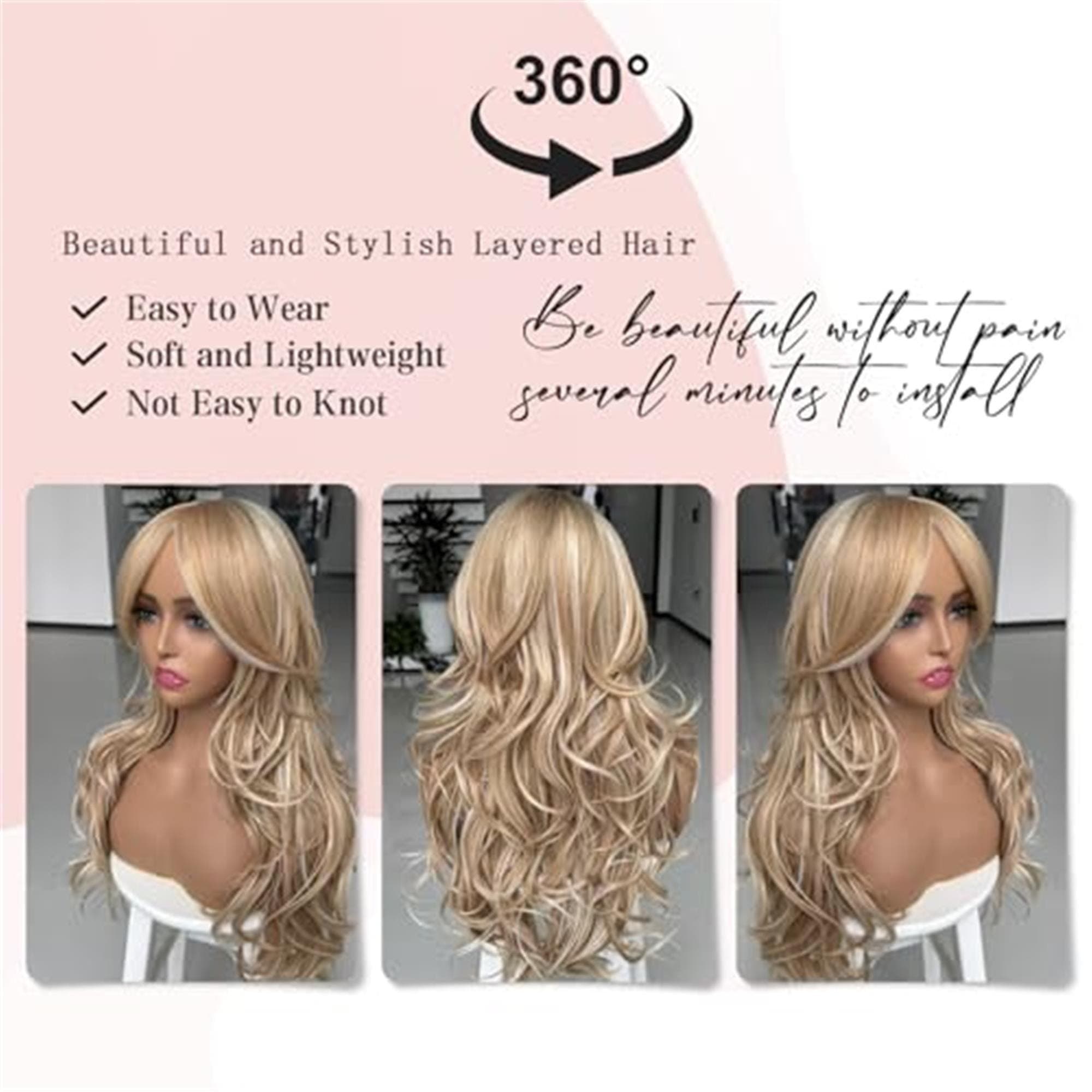 Ombre Platinum Brown Highlight Layered Wavy Wig With Curtain Bangs Light Blonde Highlight Wig - Thumbnail 3