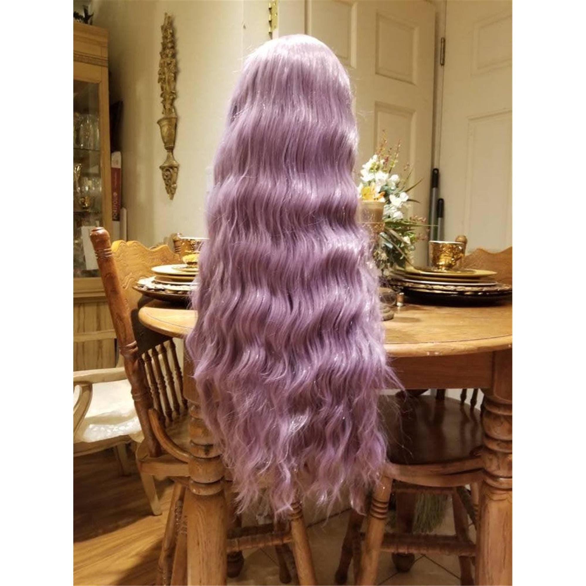 Lilac Light Purple Curly Wavy Lace Front Wig Wig Human Hair Synthetic Hair - Thumbnail 3