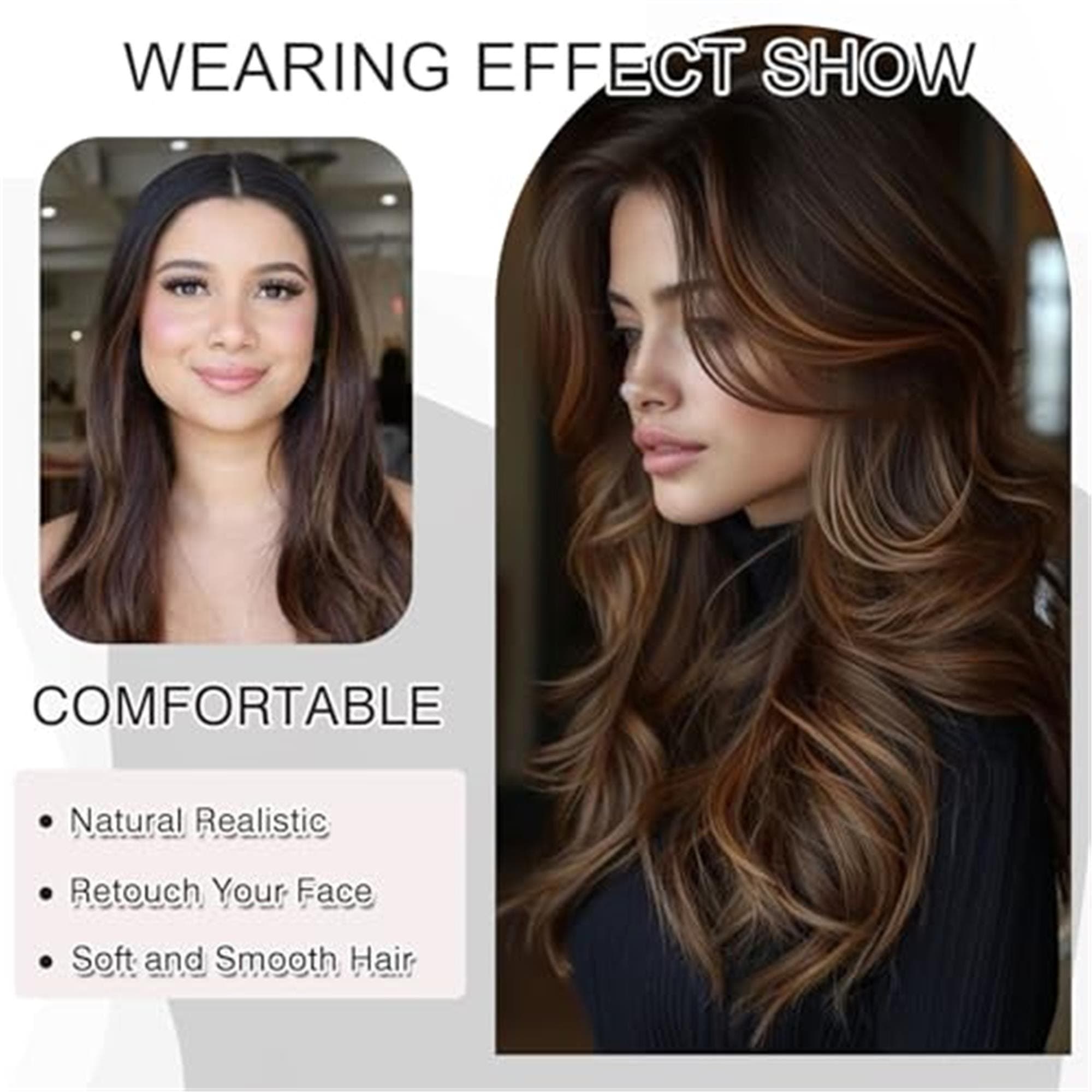 Ombre Platinum Brown Highlight Layered Wavy Wig With Curtain Bangs Light Blonde Highlight Wig - Thumbnail 2