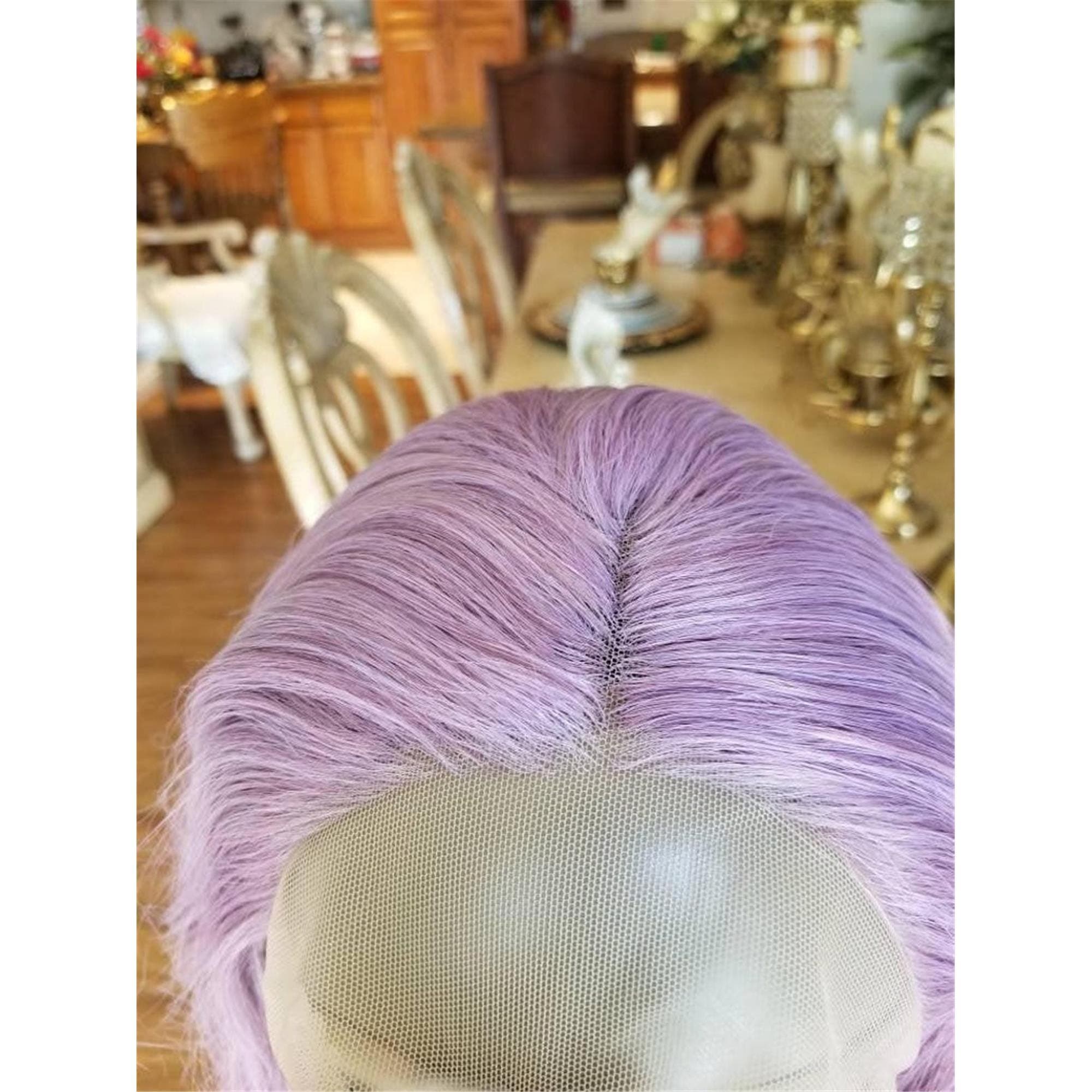 Lilac Light Purple Curly Wavy Lace Front Wig Wig Human Hair Synthetic Hair - Thumbnail 5