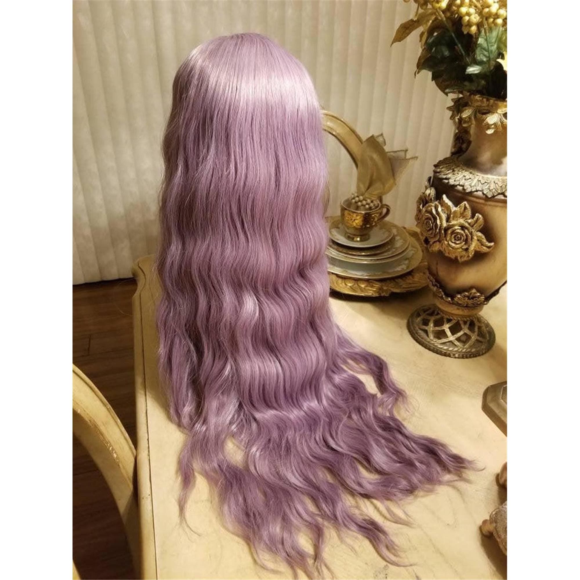 Lilac Light Purple Curly Wavy Lace Front Wig Wig Human Hair Synthetic Hair - Thumbnail 4