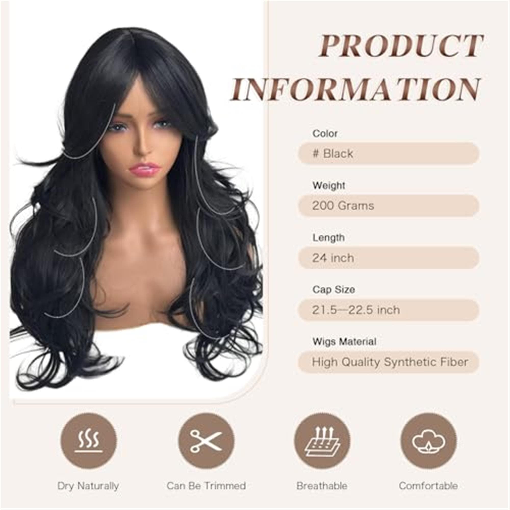 Black Wavy Wigs for Women Long Layered Wig with Curtain Bangs - Thumbnail 2