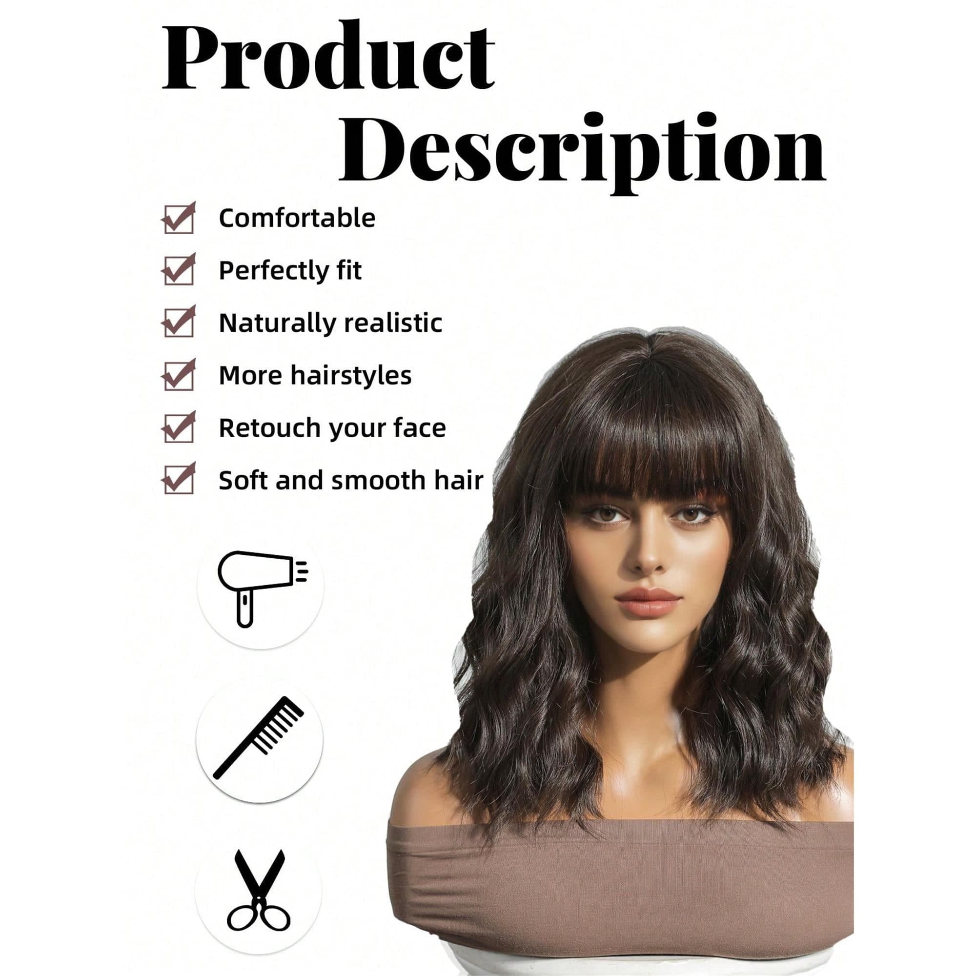 14 Inch Short Wavy Bangs Wig Cute Short Hairstyle Natural Realistic Heat Resistant Suitable For Daily Wear - Thumbnail 8