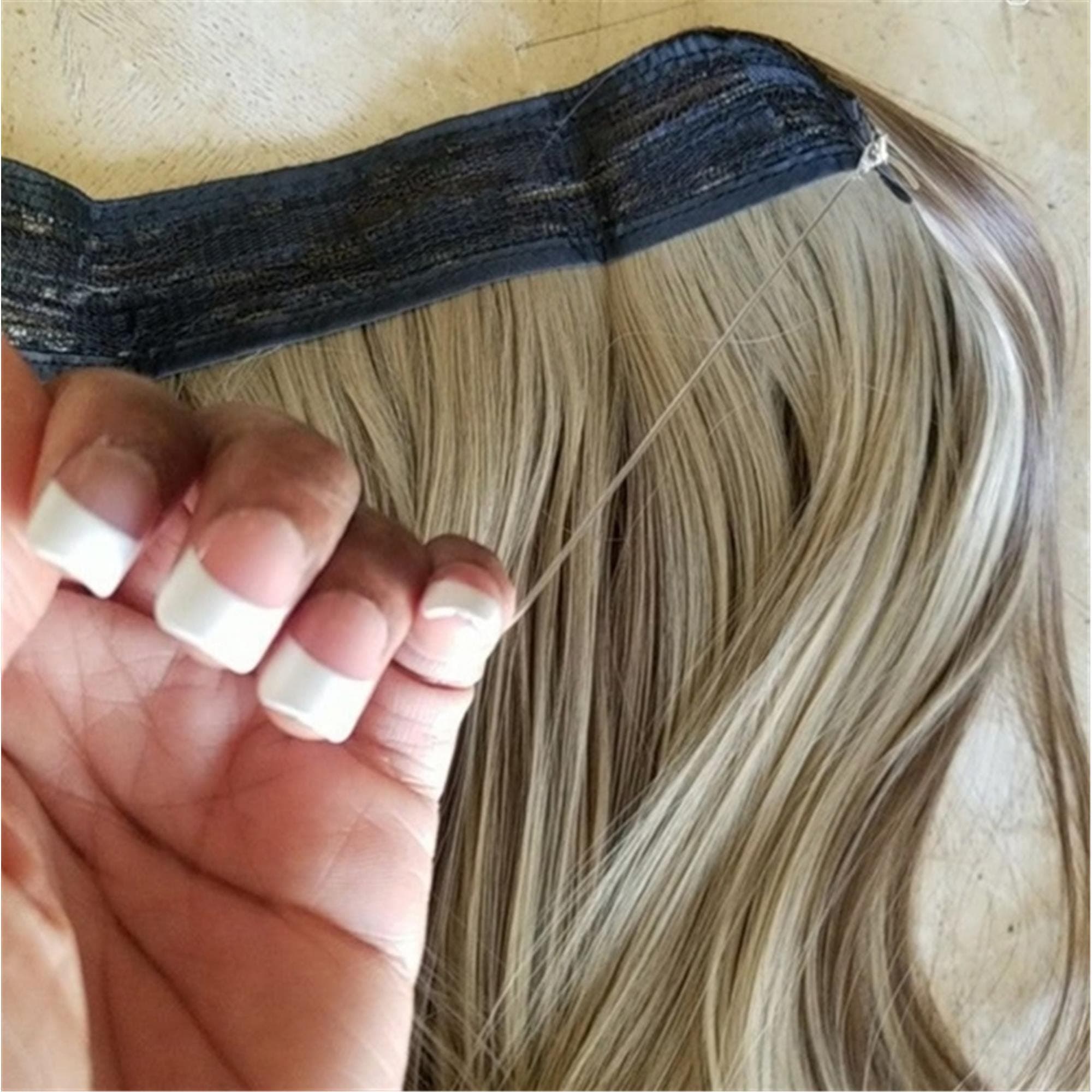 Brown Blonde 20" long synthetic straight hair extensions halo wire fish line - Thumbnail 6