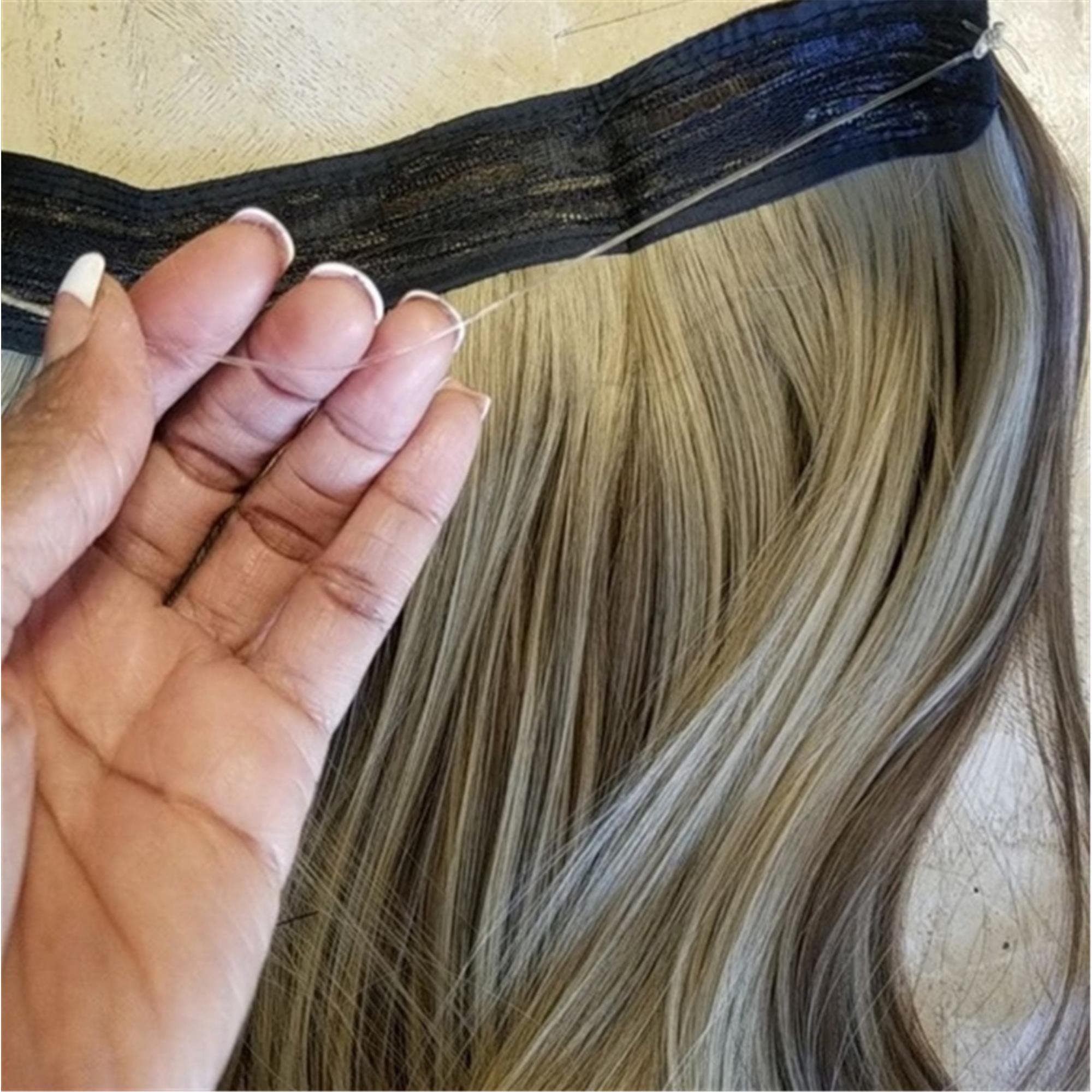 Brown Blonde 20" long synthetic straight hair extensions halo wire fish line - Thumbnail 7