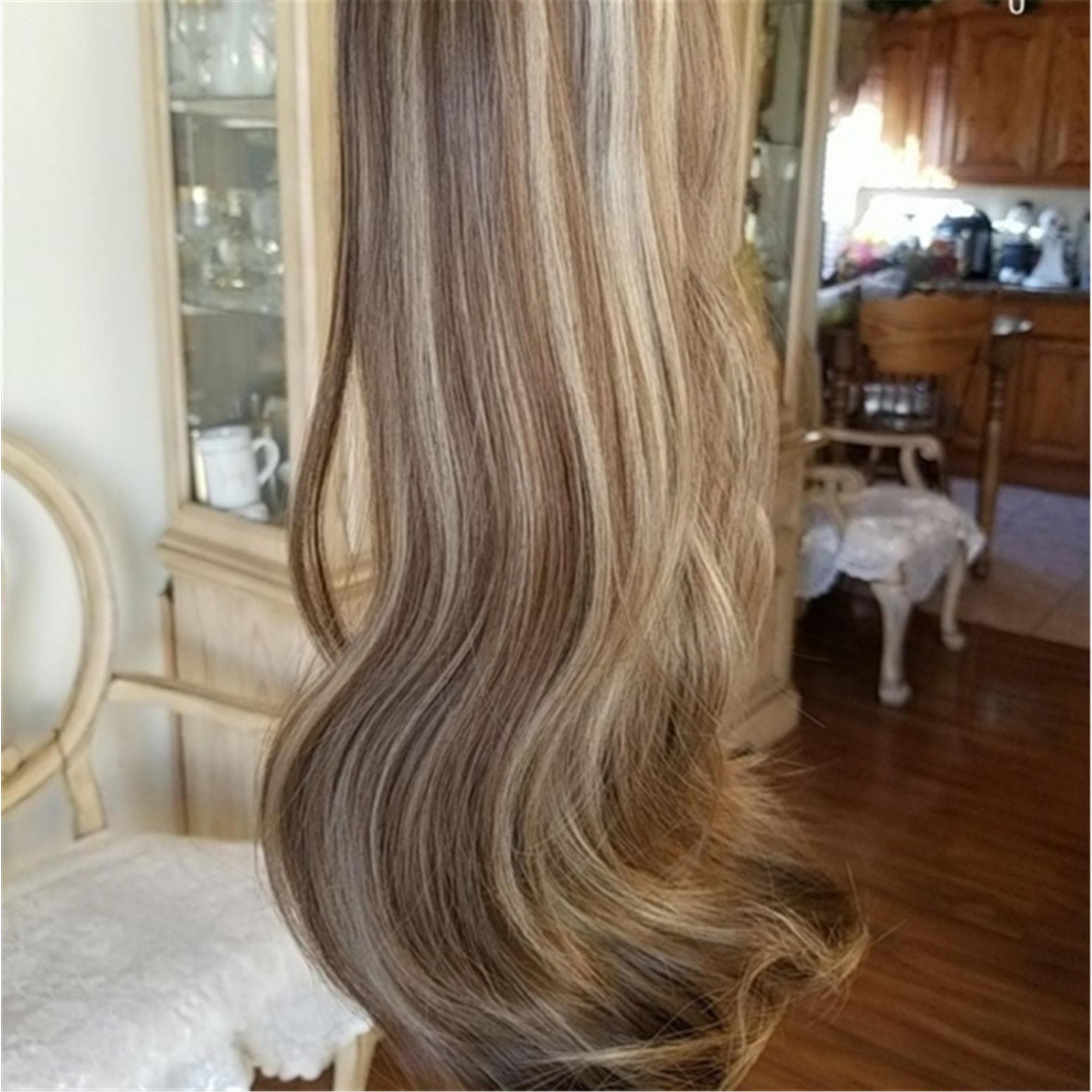 Brown Blonde 20" long synthetic straight hair extensions halo wire fish line - Thumbnail 5
