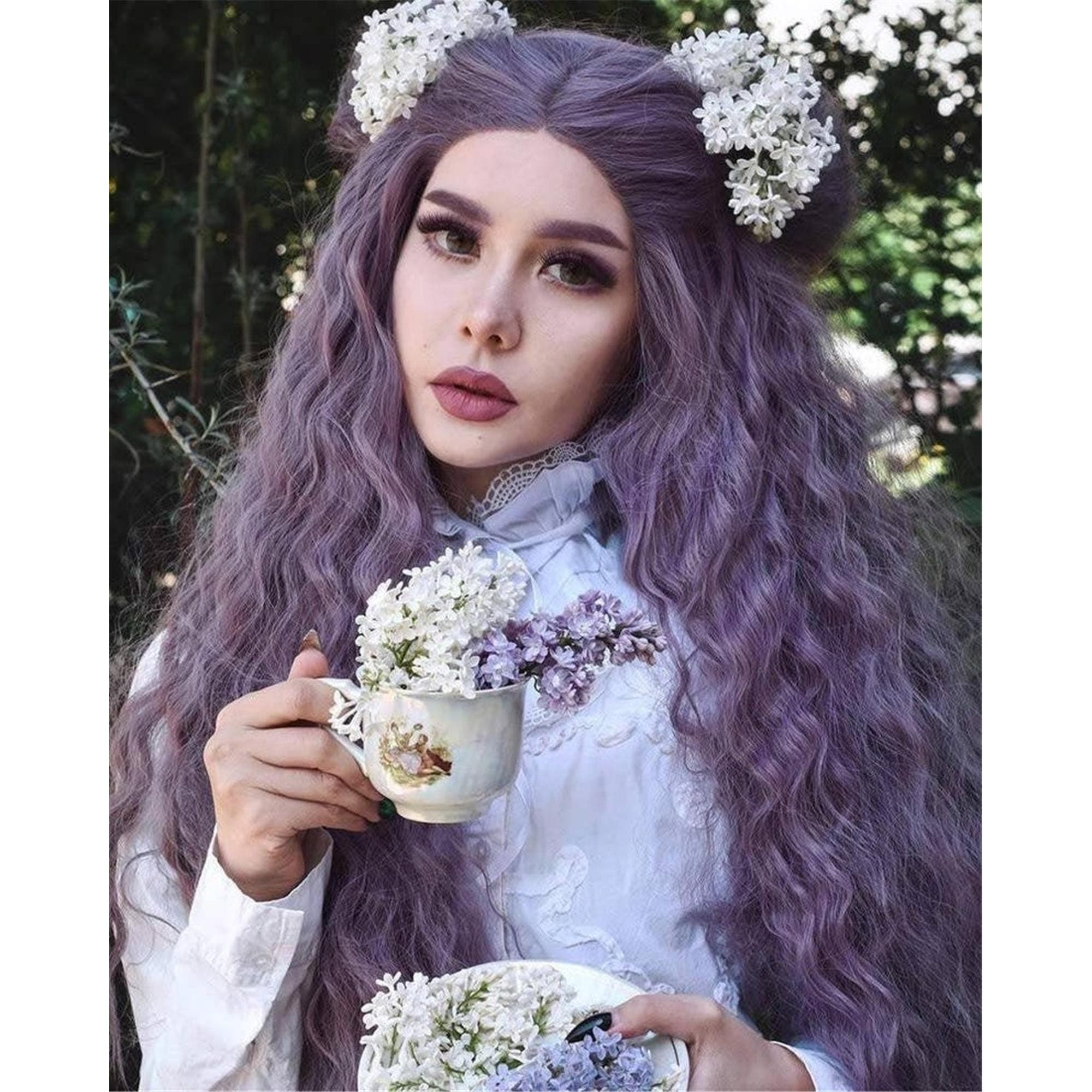 Lilac Light Purple Curly Wavy Lace Front Wig Wig Human Hair Synthetic Hair - Thumbnail 2