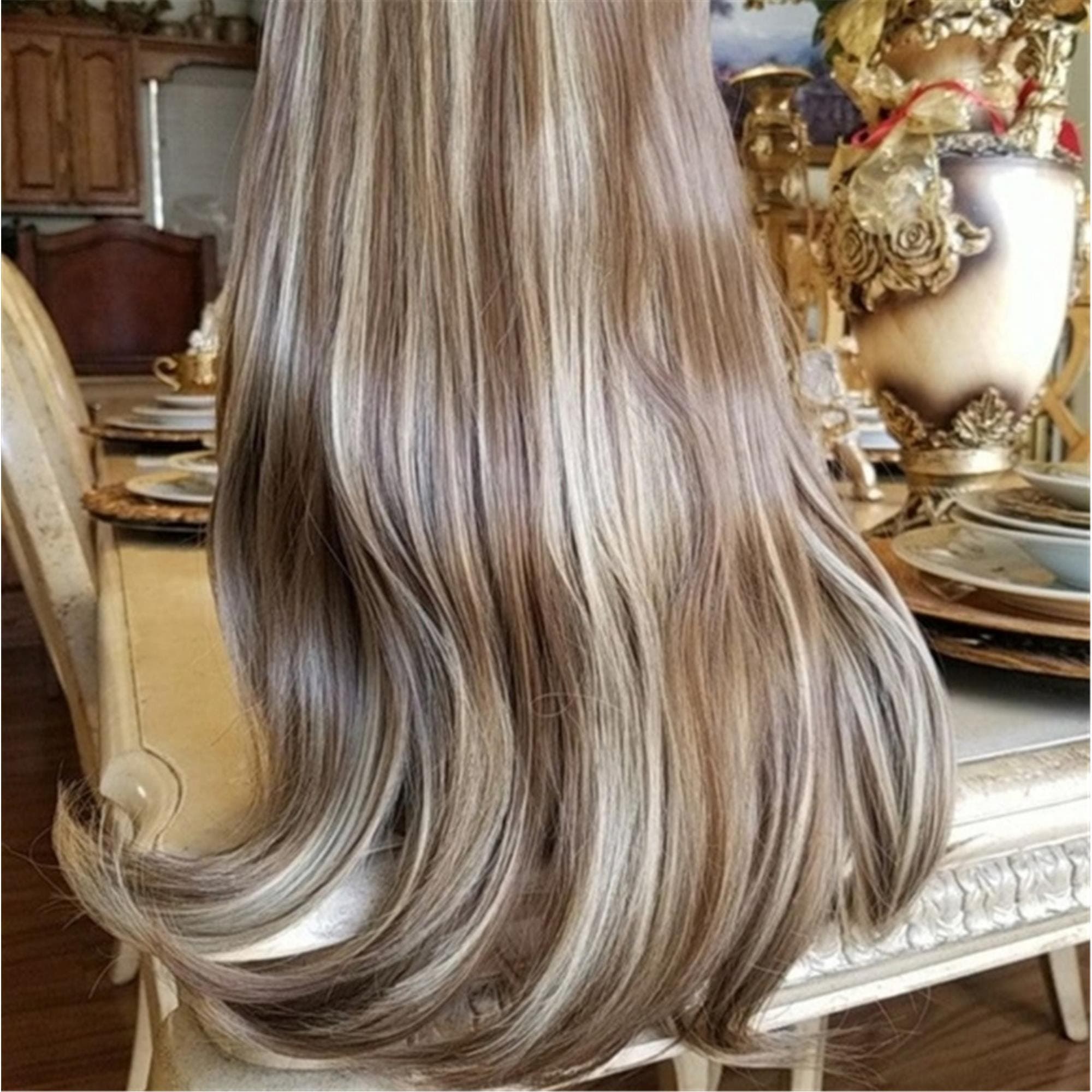 Brown Blonde 20" long synthetic straight hair extensions halo wire fish line - Thumbnail 2