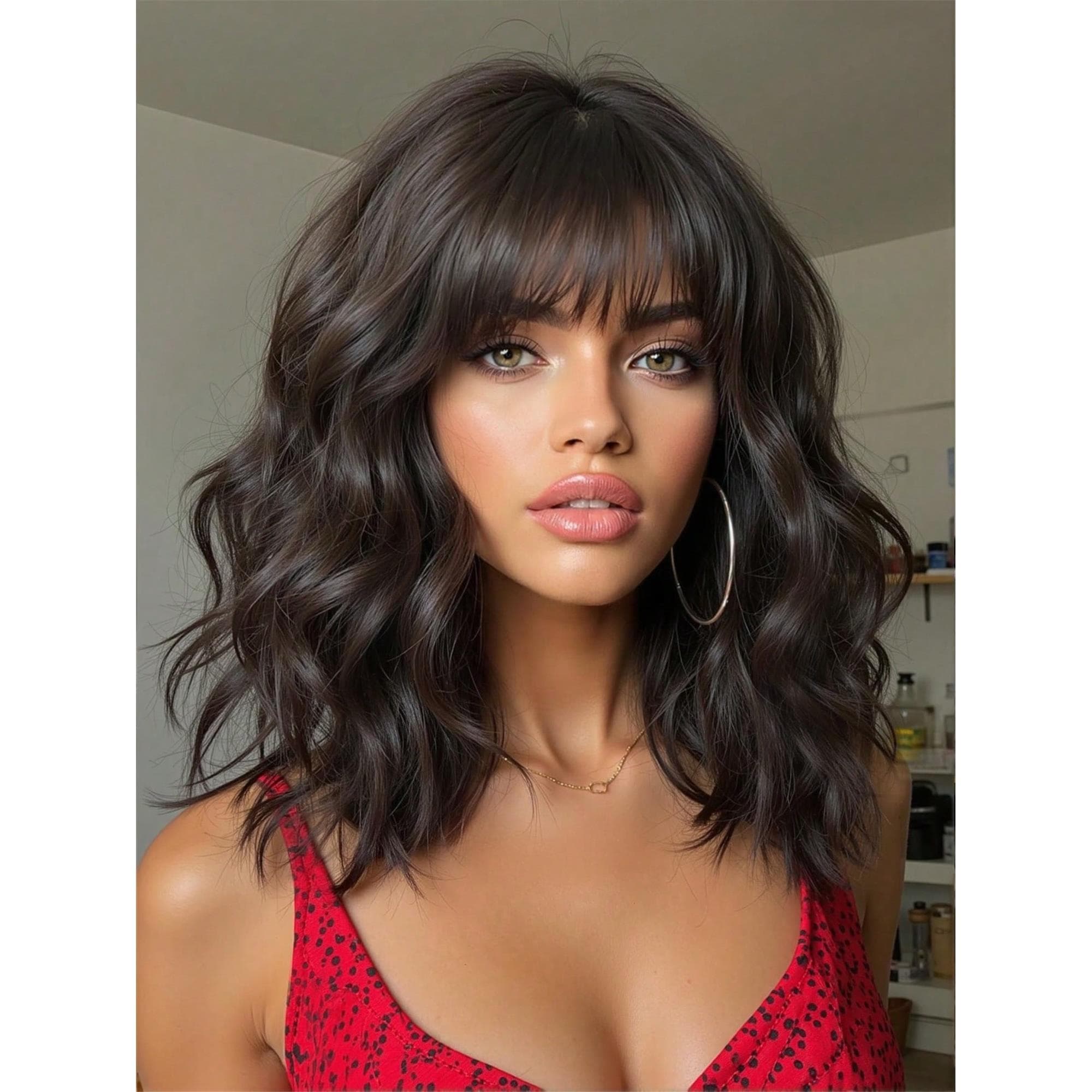 14 Inch Short Wavy Bangs Wig Cute Short Hairstyle Natural Realistic Heat Resistant Suitable For Daily Wear