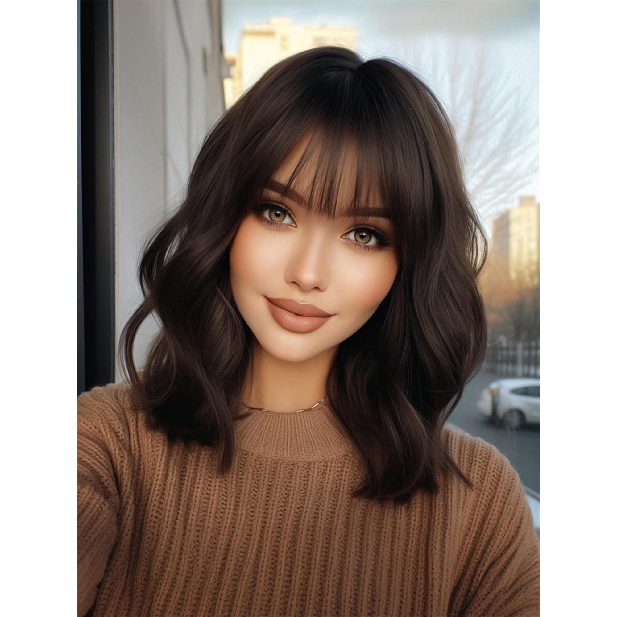 14 Inch Short Wavy Bangs Wig Cute Short Hairstyle Natural Realistic Heat Resistant Suitable For Daily Wear - Thumbnail 2