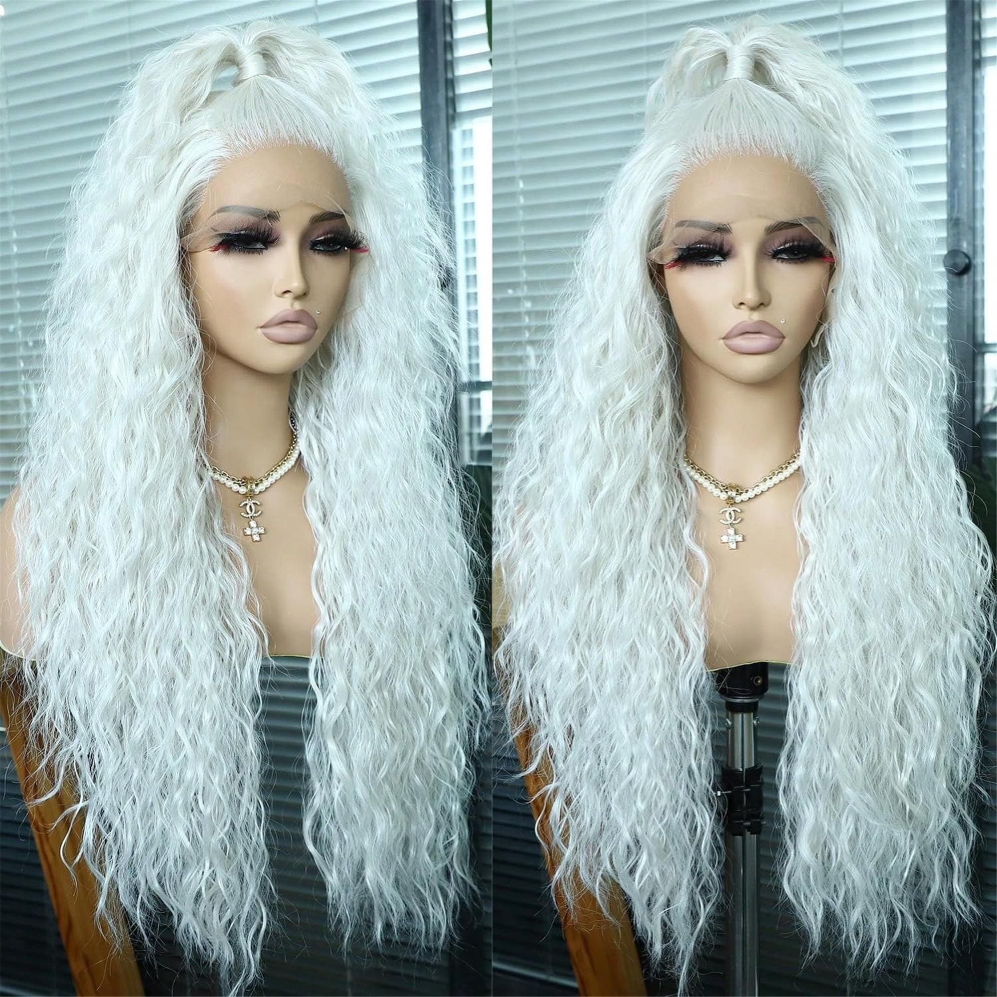 Curly Front Wigs Long Deep Wave Wig Glueless Pre Plucked Hairline White - Thumbnail 2