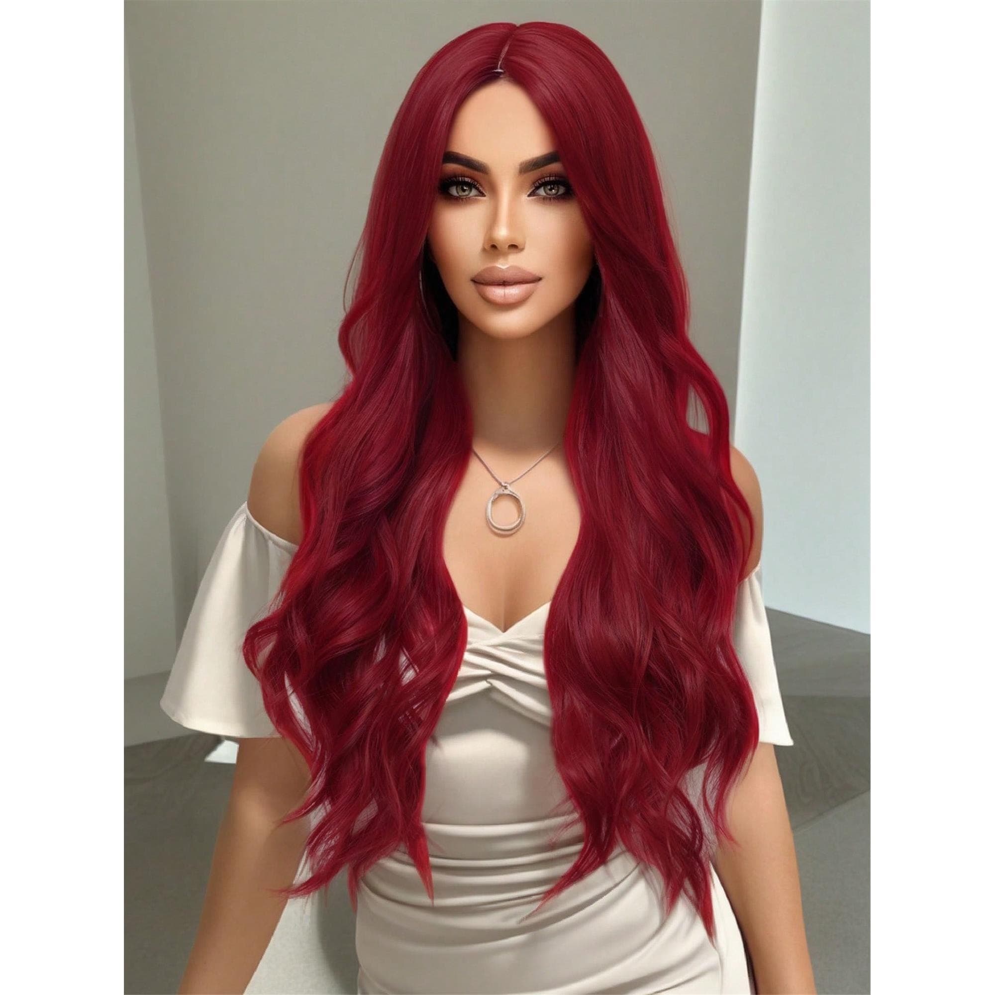 Fashionable Red Long Loose Wavy Wig 34 Inches Center Part Bangs