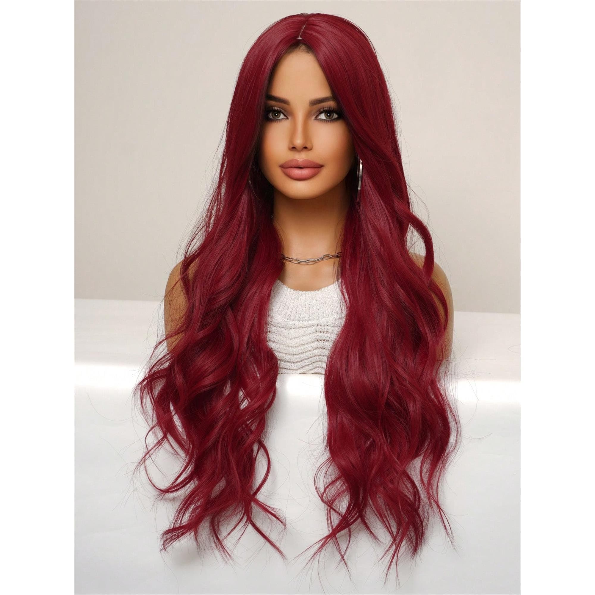 Fashionable Red Long Loose Wavy Wig 34 Inches Center Part Bangs - Thumbnail 4