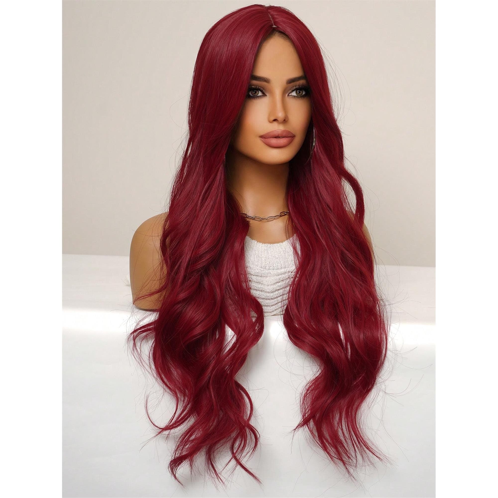 Fashionable Red Long Loose Wavy Wig 34 Inches Center Part Bangs - Thumbnail 6