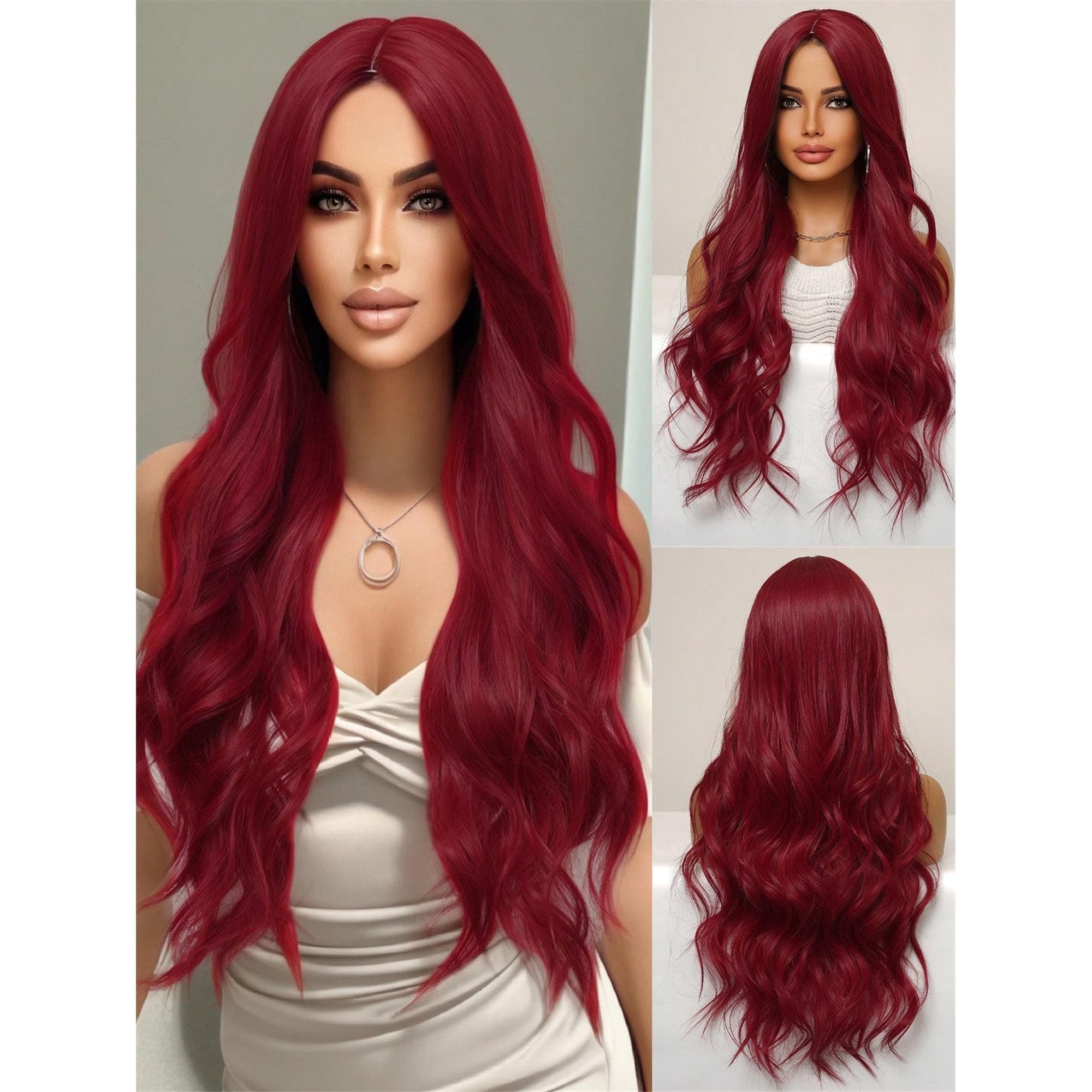 Fashionable Red Long Loose Wavy Wig 34 Inches Center Part Bangs - Thumbnail 2