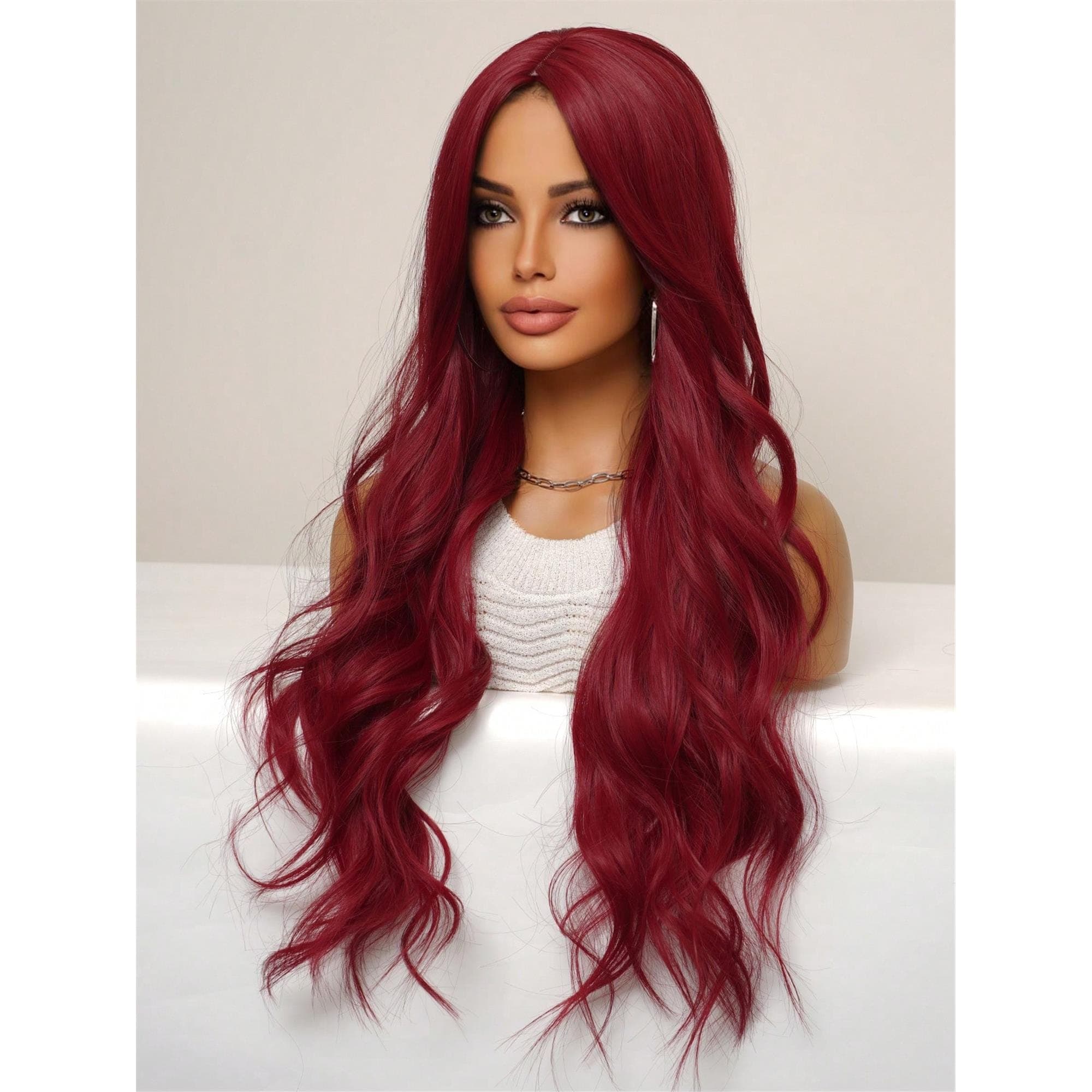 Fashionable Red Long Loose Wavy Wig 34 Inches Center Part Bangs - Thumbnail 5