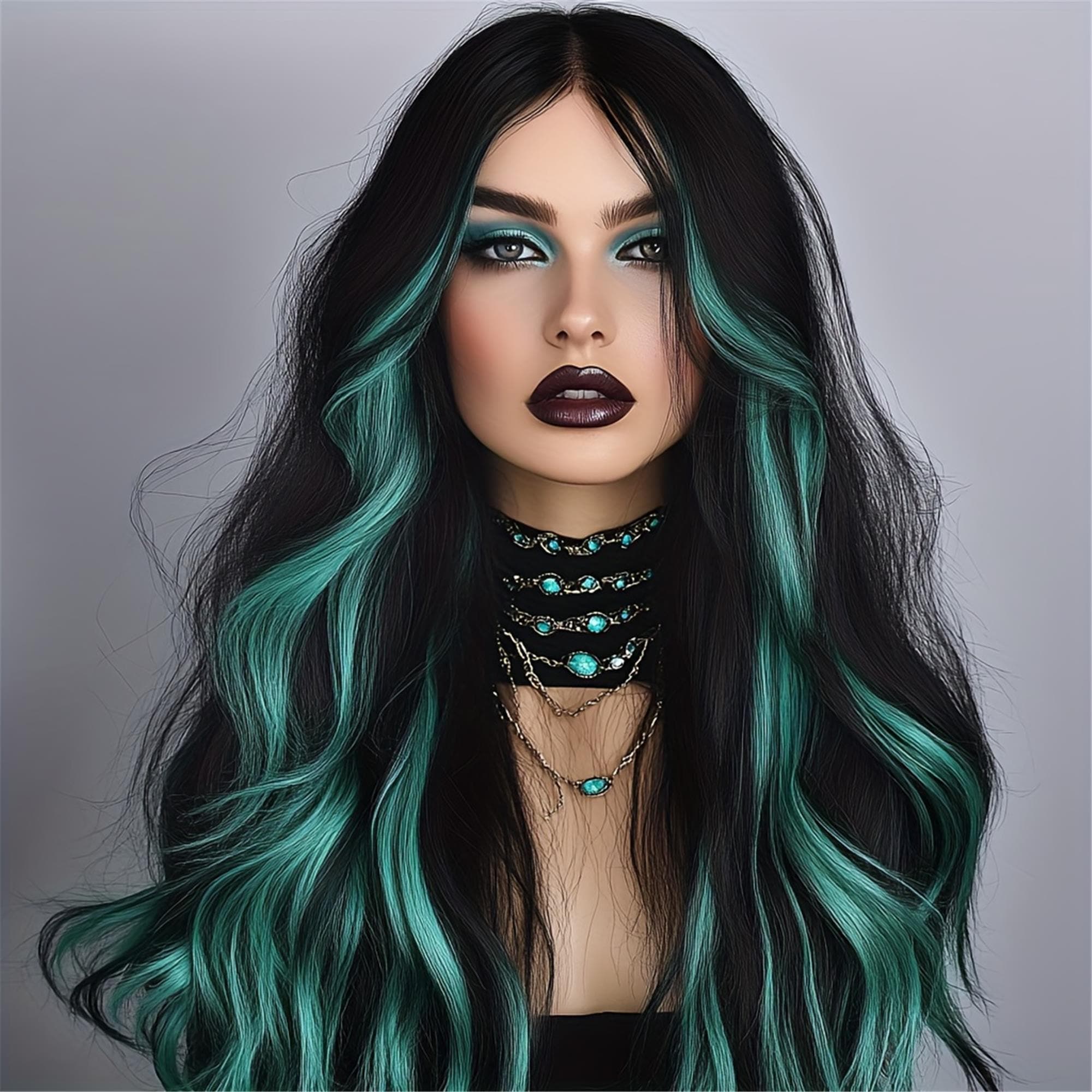 24-inch Women's Wigs Light Green Blue Highlighted Wavy Curls. The