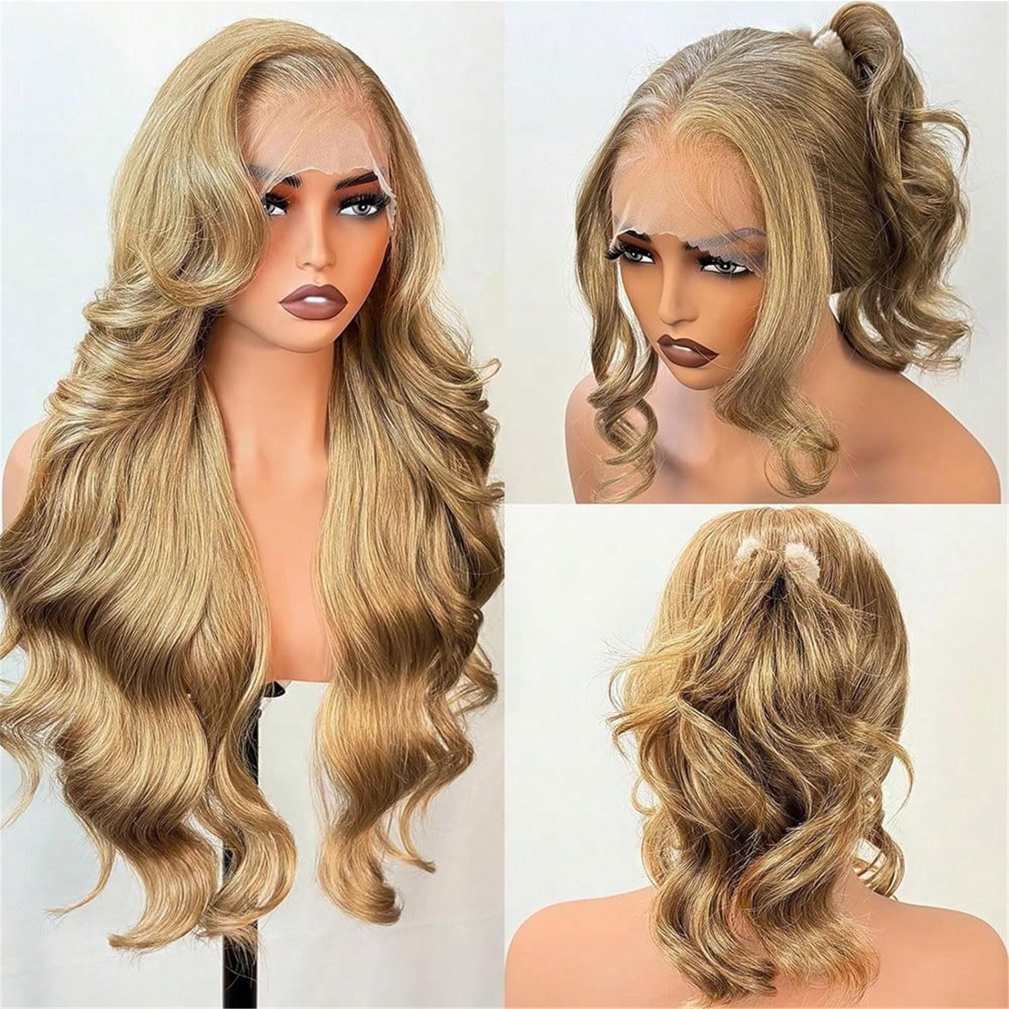 Blonde 13x4 Lace Front Wig 28 Inch Body Wave Blonde Color Glueless Pre Plucked For Women HD Lace 180% Density Long - Thumbnail 6