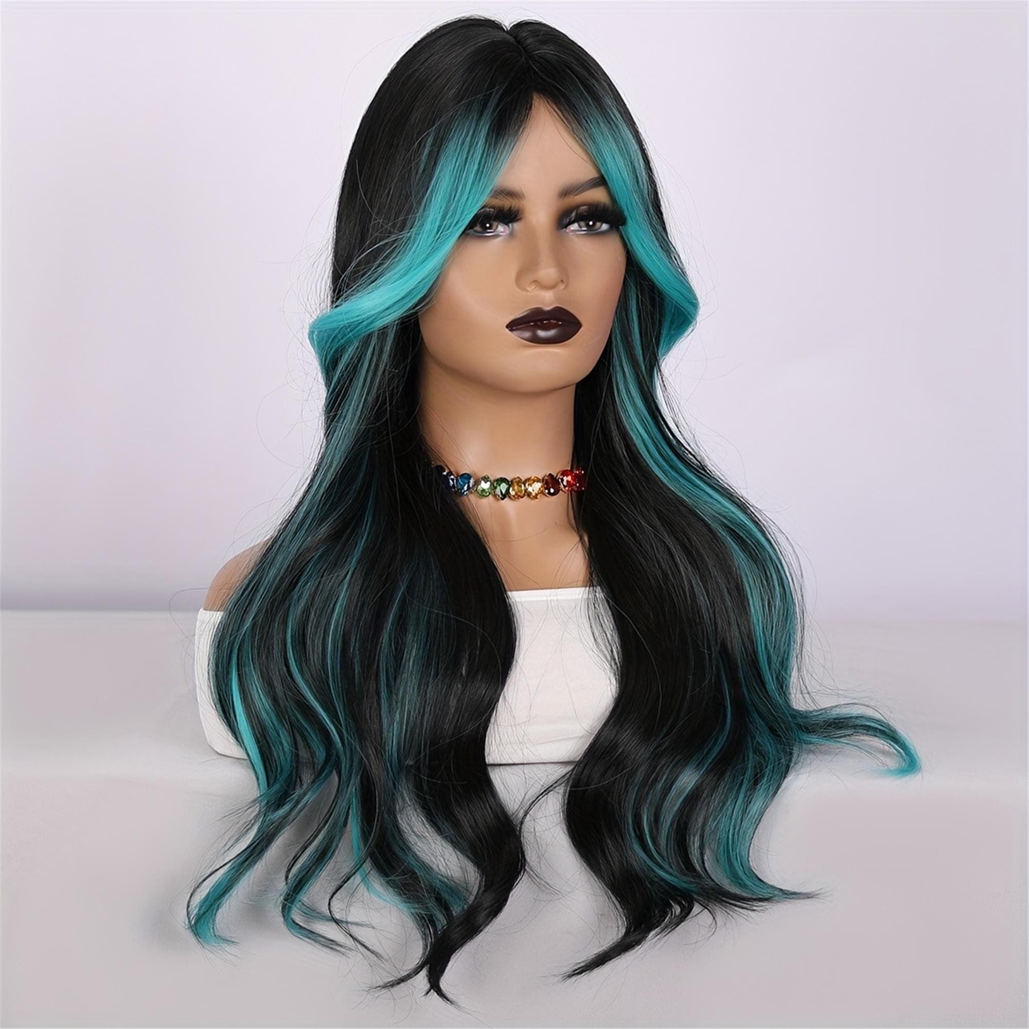 24-inch Women's Wigs Light Green Blue Highlighted Wavy Curls. The - Thumbnail 4