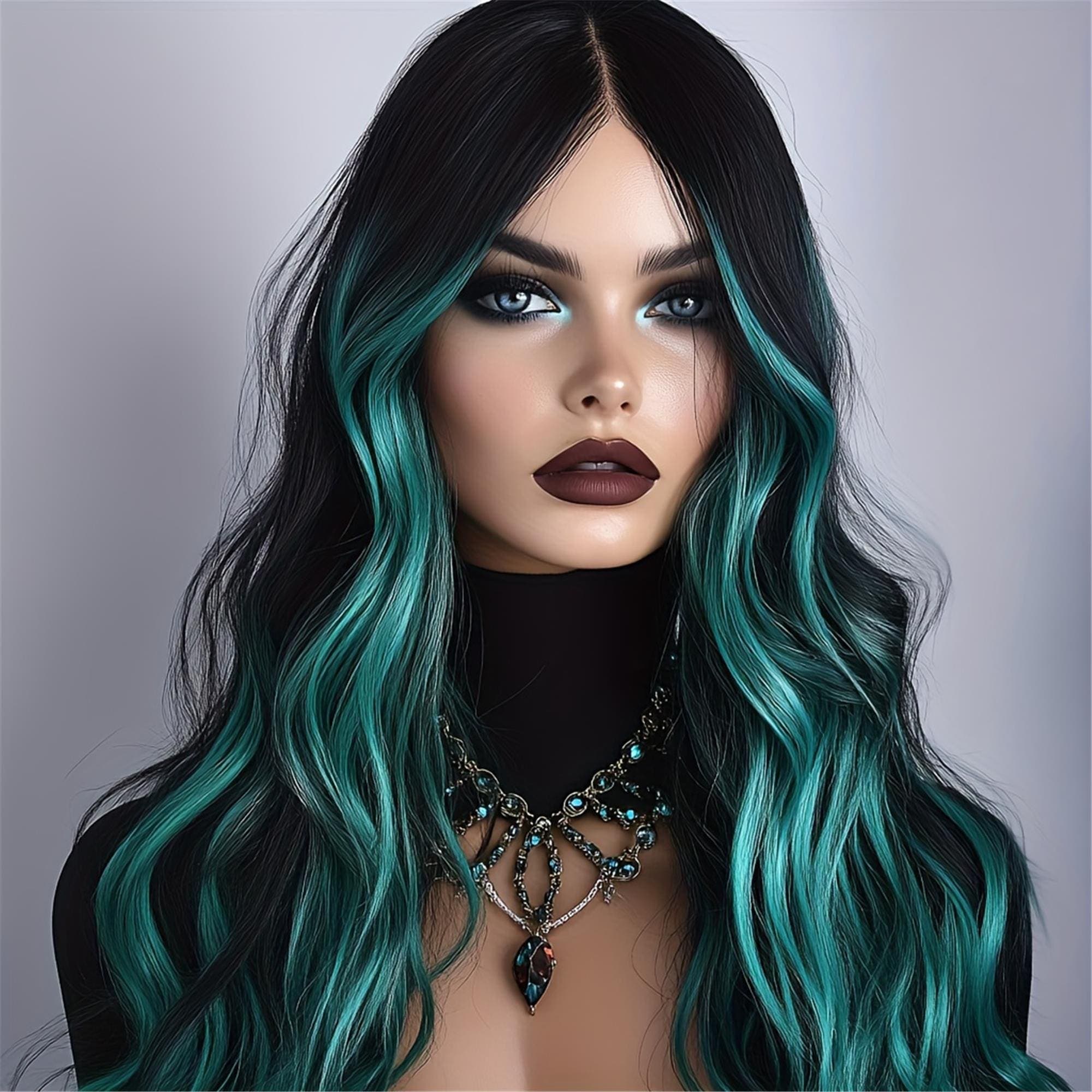 24-inch Women's Wigs Light Green Blue Highlighted Wavy Curls. The - Thumbnail 2