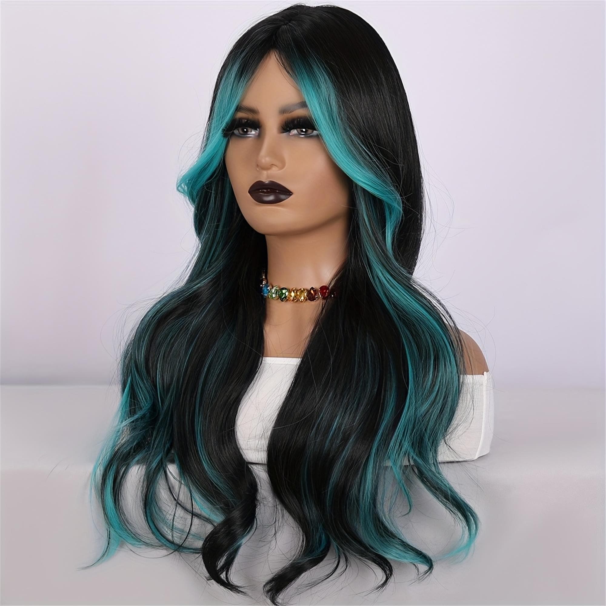 24-inch Women's Wigs Light Green Blue Highlighted Wavy Curls. The - Thumbnail 3