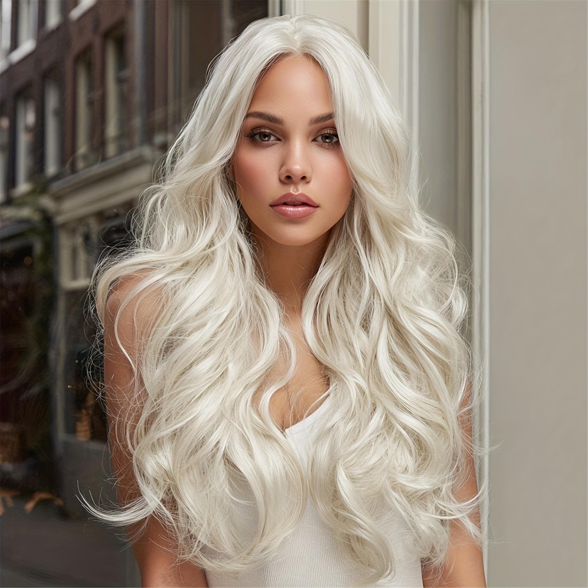 28-Inch Long Milk Platinum Blonde Water Wave Lace Wig (No Bangs) - 13x4 Lace Front Wig