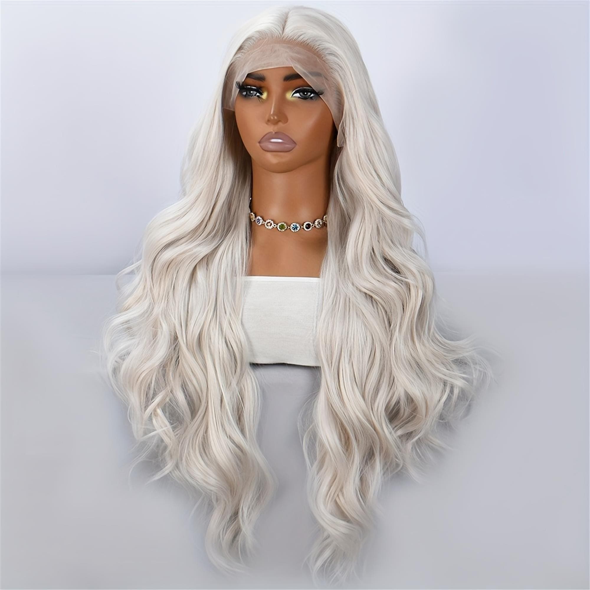 28-Inch Long Milk Platinum Blonde Water Wave Lace Wig (No Bangs) - 13x4 Lace Front Wig - Thumbnail 5