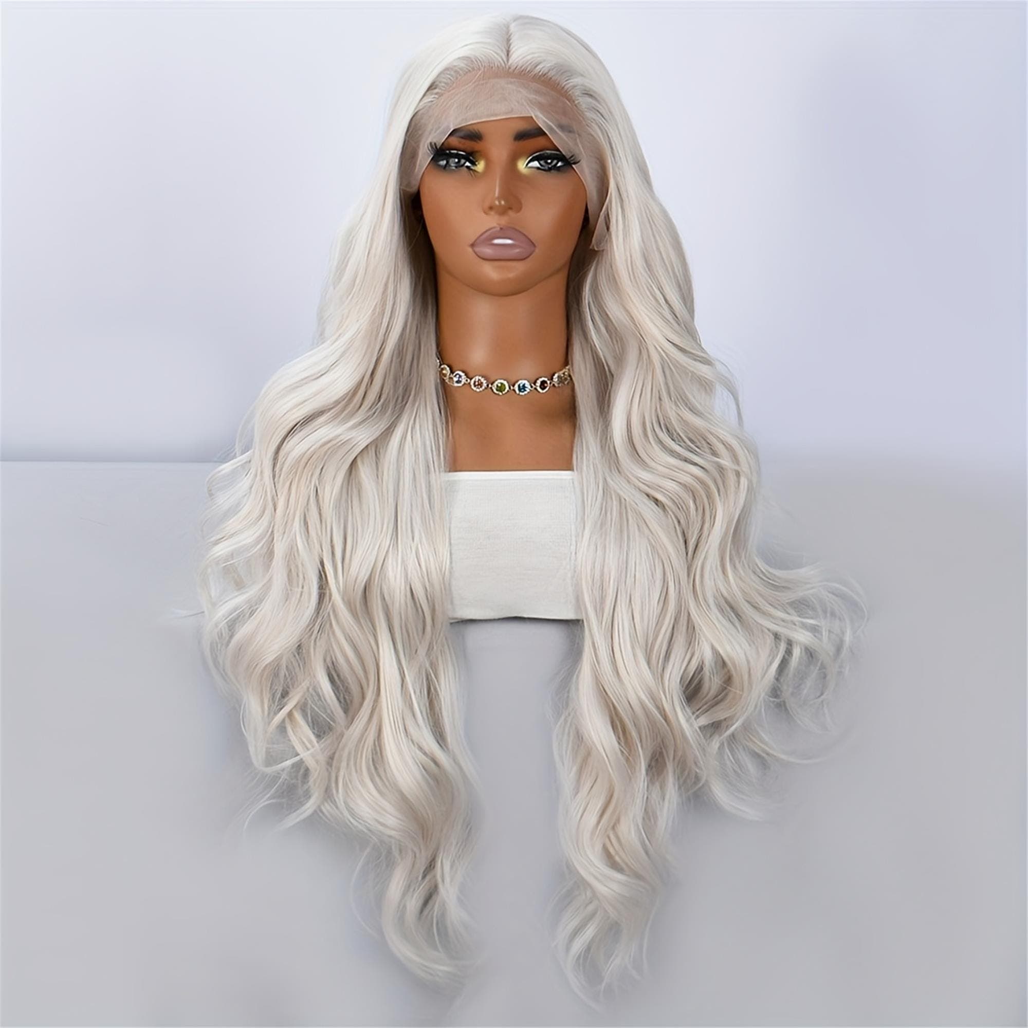 28-Inch Long Milk Platinum Blonde Water Wave Lace Wig (No Bangs) - 13x4 Lace Front Wig - Thumbnail 7