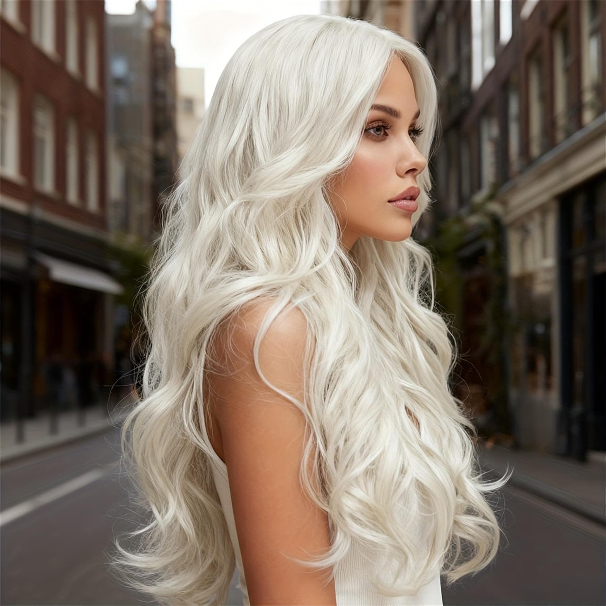 28-Inch Long Milk Platinum Blonde Water Wave Lace Wig (No Bangs) - 13x4 Lace Front Wig - Thumbnail 2