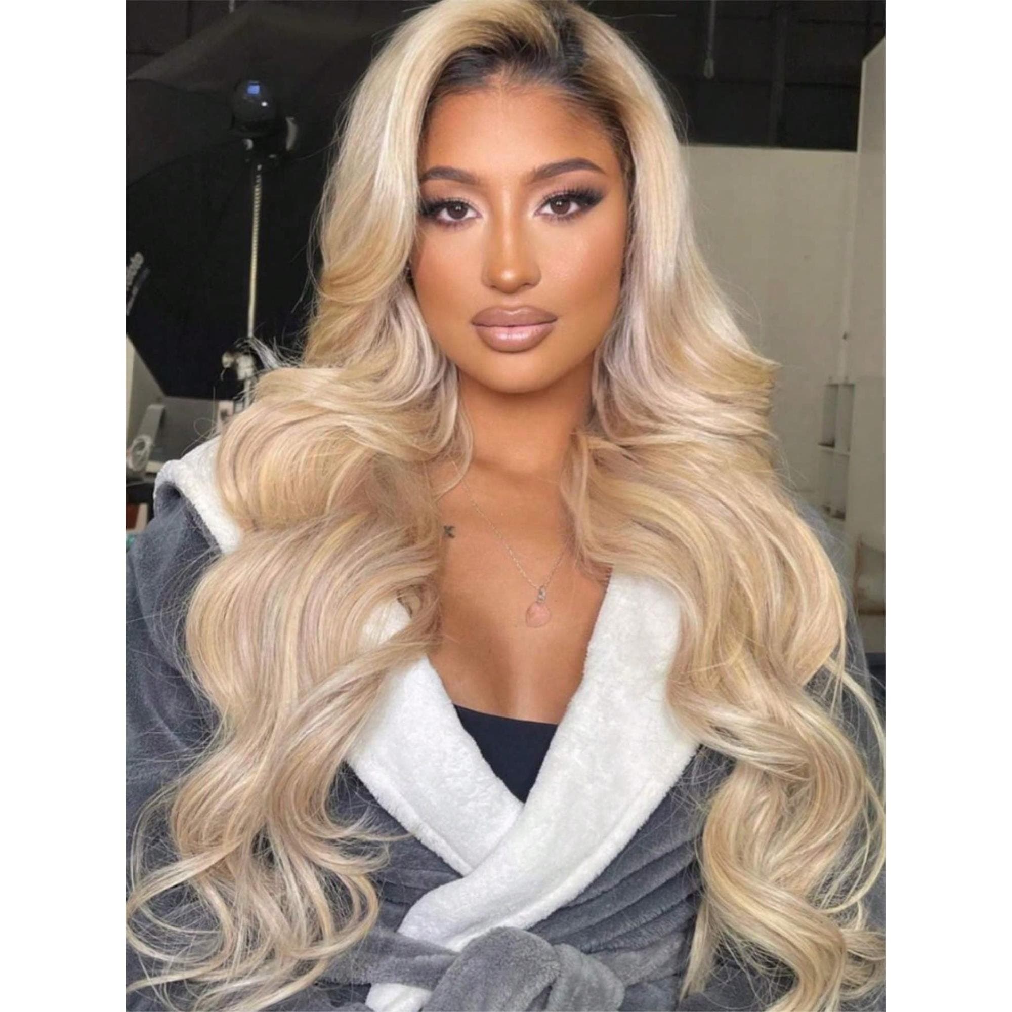 Ombre Brown Roots Ash Blonde 13x4 HD Transparent Body Wave Lace Front Wigs Human Hair Pre Plucked With Baby Hair - Thumbnail 5