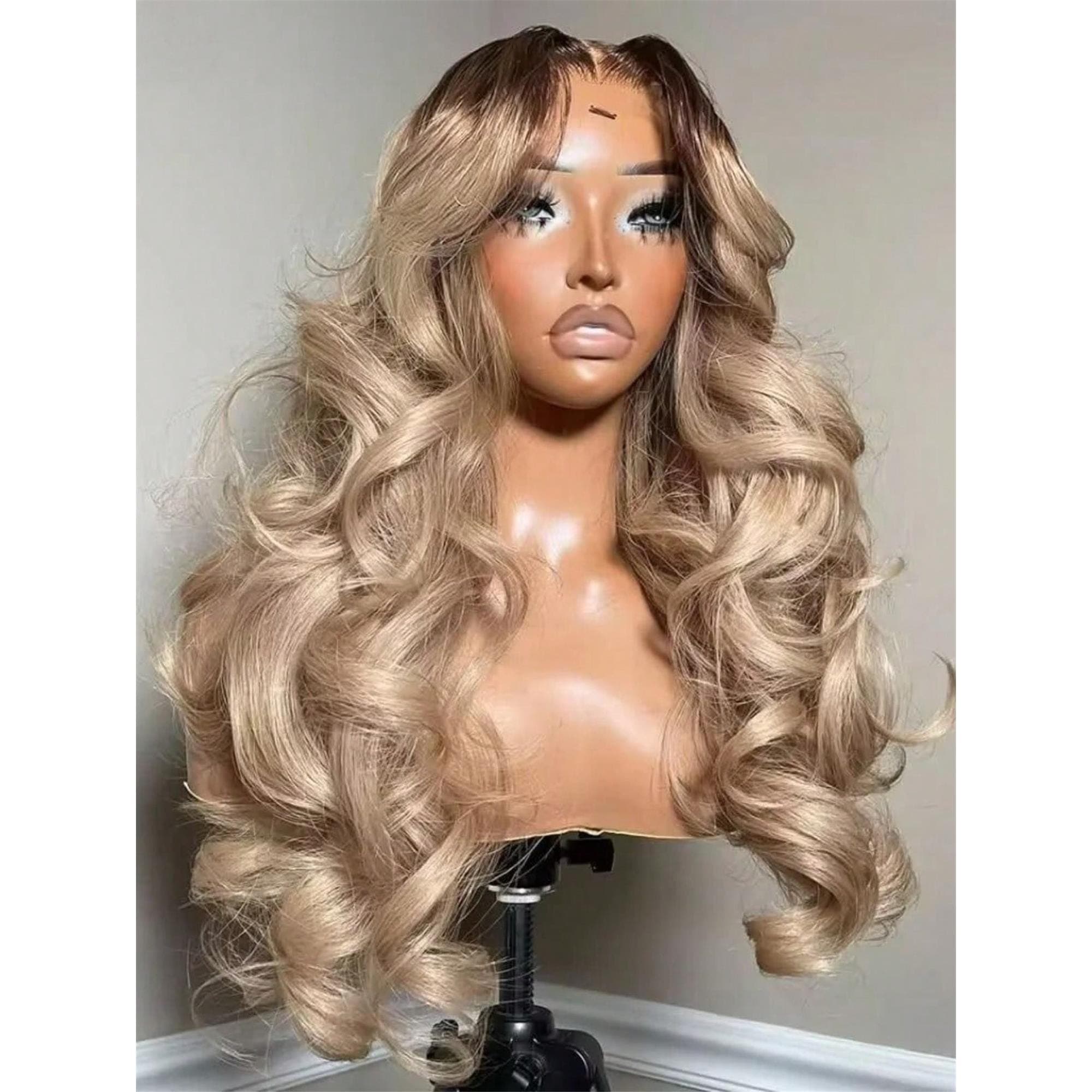 Ombre Brown Roots Ash Blonde 13x4 HD Transparent Body Wave Lace Front Wigs Human Hair Pre Plucked With Baby Hair - Thumbnail 3