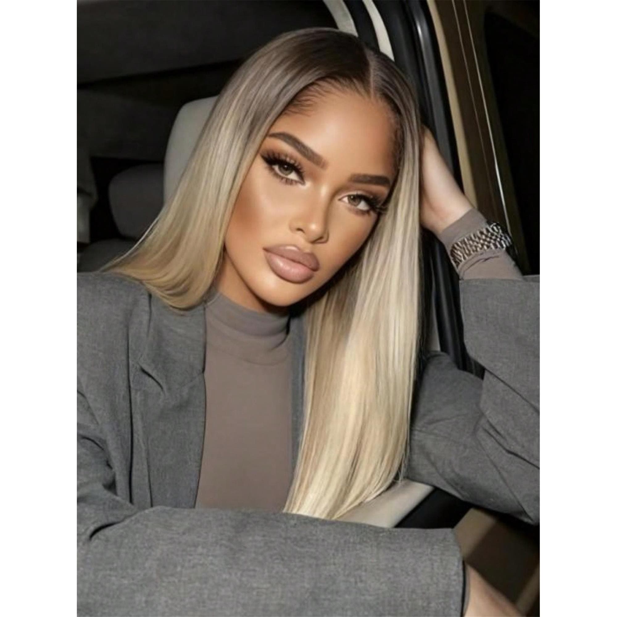 Blonde With Brown Dark Roots Straight Lace Front Wig - Thumbnail 2