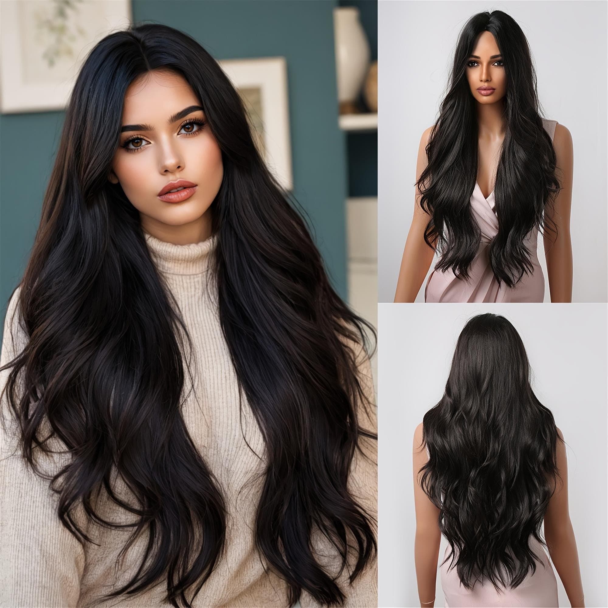 Luxurious 32" Black Long Wavy Wig - Soft Voluminous Curls with Rose Net Cap Ideal for Daily Use