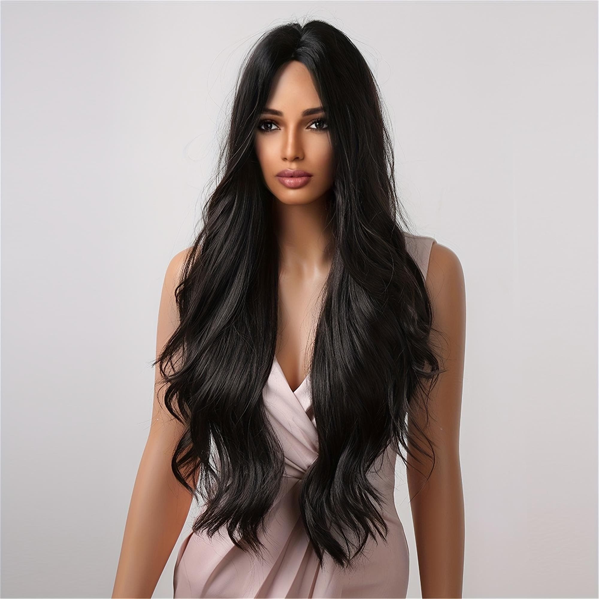 Luxurious 32" Black Long Wavy Wig - Soft Voluminous Curls with Rose Net Cap Ideal for Daily Use - Thumbnail 3