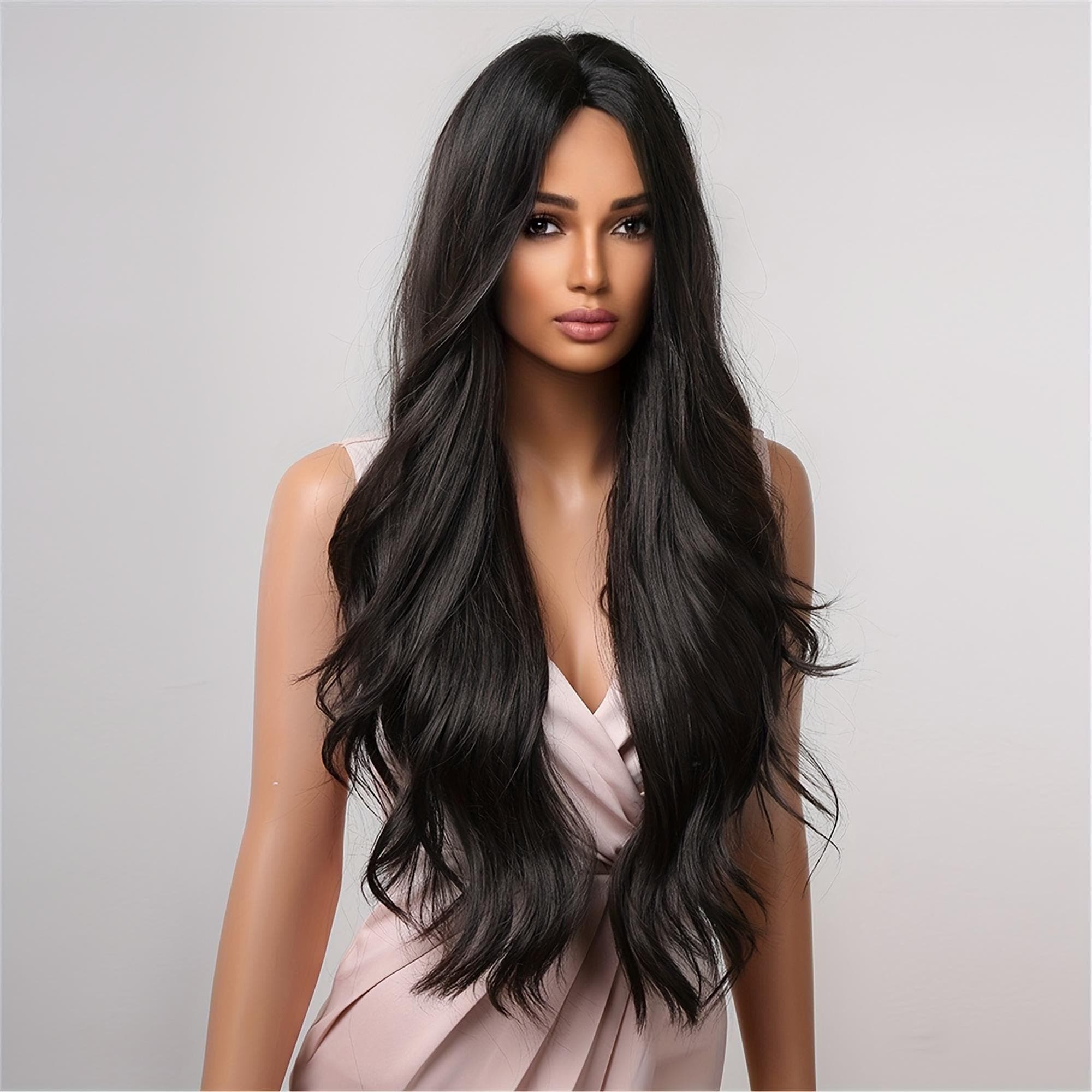 Luxurious 32" Black Long Wavy Wig - Soft Voluminous Curls with Rose Net Cap Ideal for Daily Use - Thumbnail 5