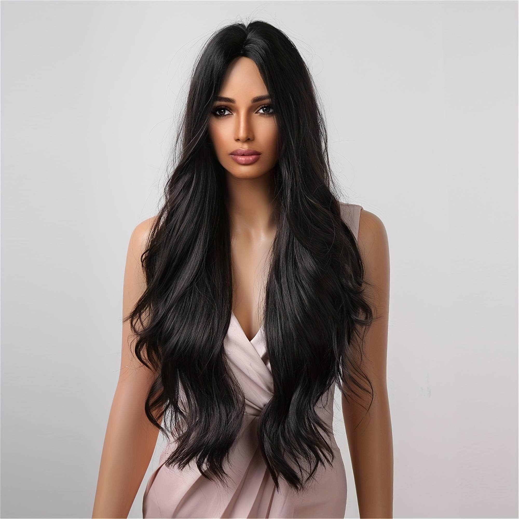 Luxurious 32" Black Long Wavy Wig - Soft Voluminous Curls with Rose Net Cap Ideal for Daily Use - Thumbnail 2