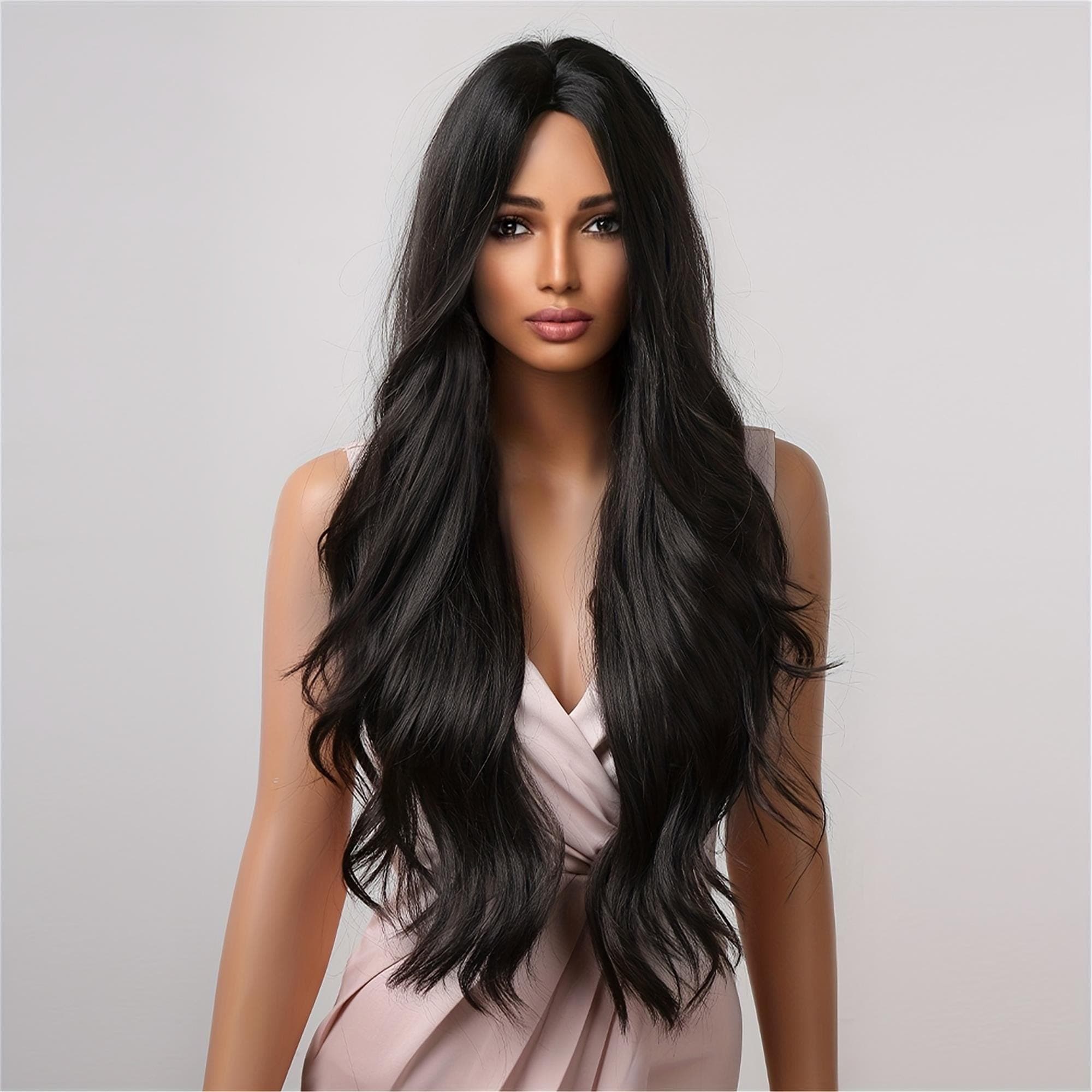 Luxurious 32" Black Long Wavy Wig - Soft Voluminous Curls with Rose Net Cap Ideal for Daily Use - Thumbnail 4