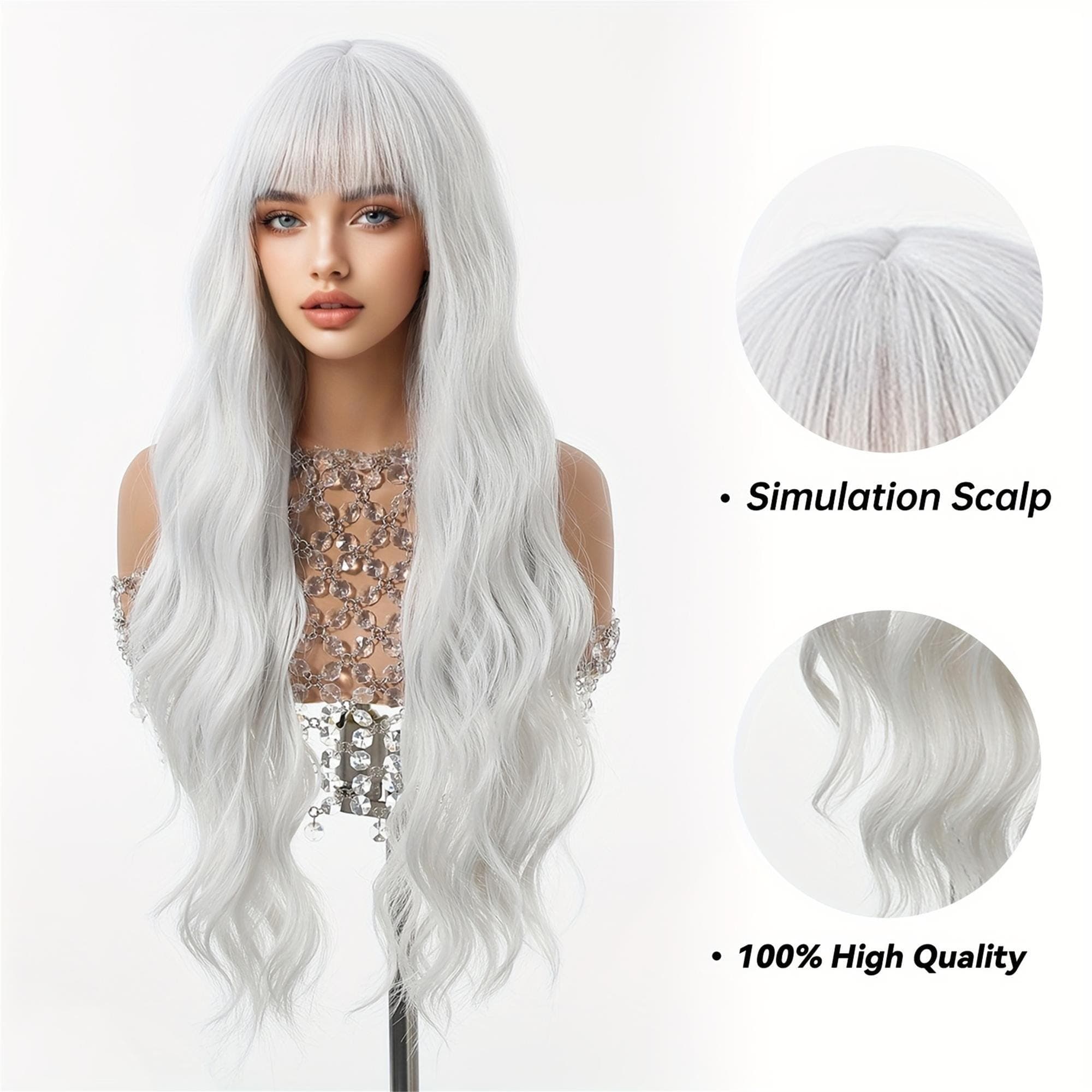 White Curly Wave Rose Net Wig with Bangs - Thumbnail 5