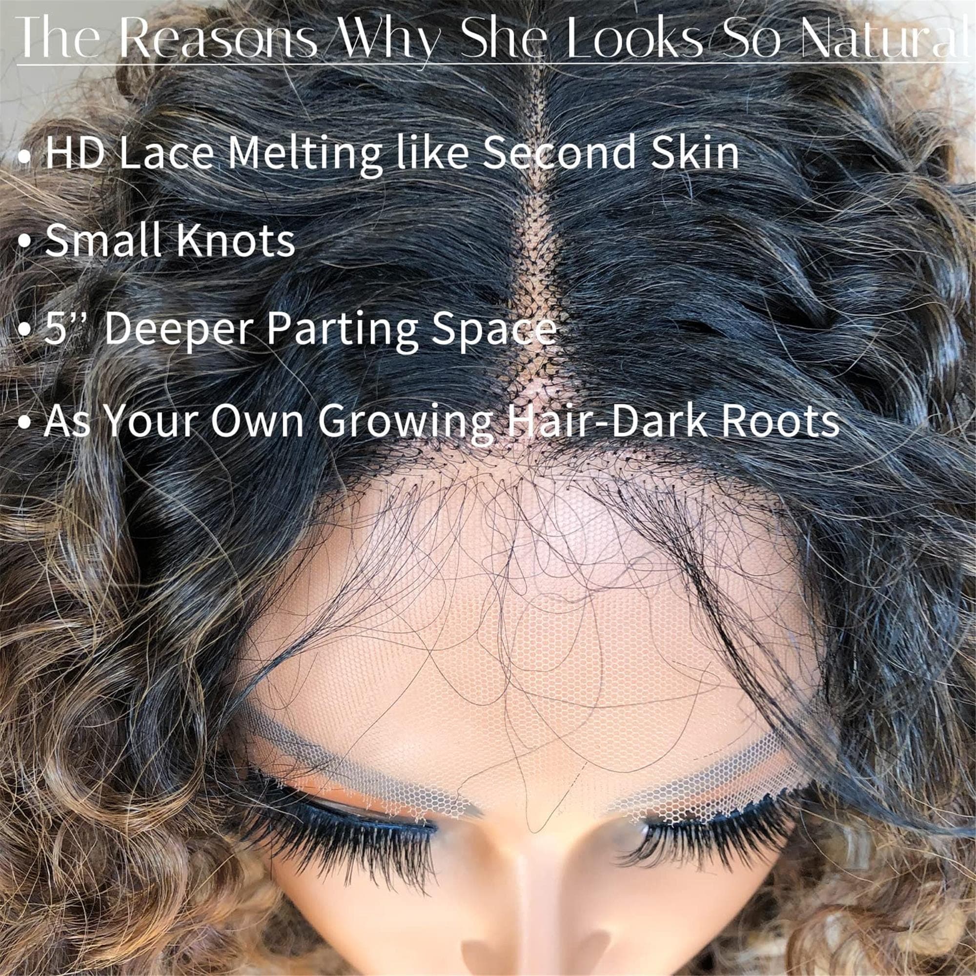 Highlight Lace Front Wig 16Inch Pre Plucked Glueless HD Lace Big Curly Wig for Black Women Framing Highlights Brown - Thumbnail 5