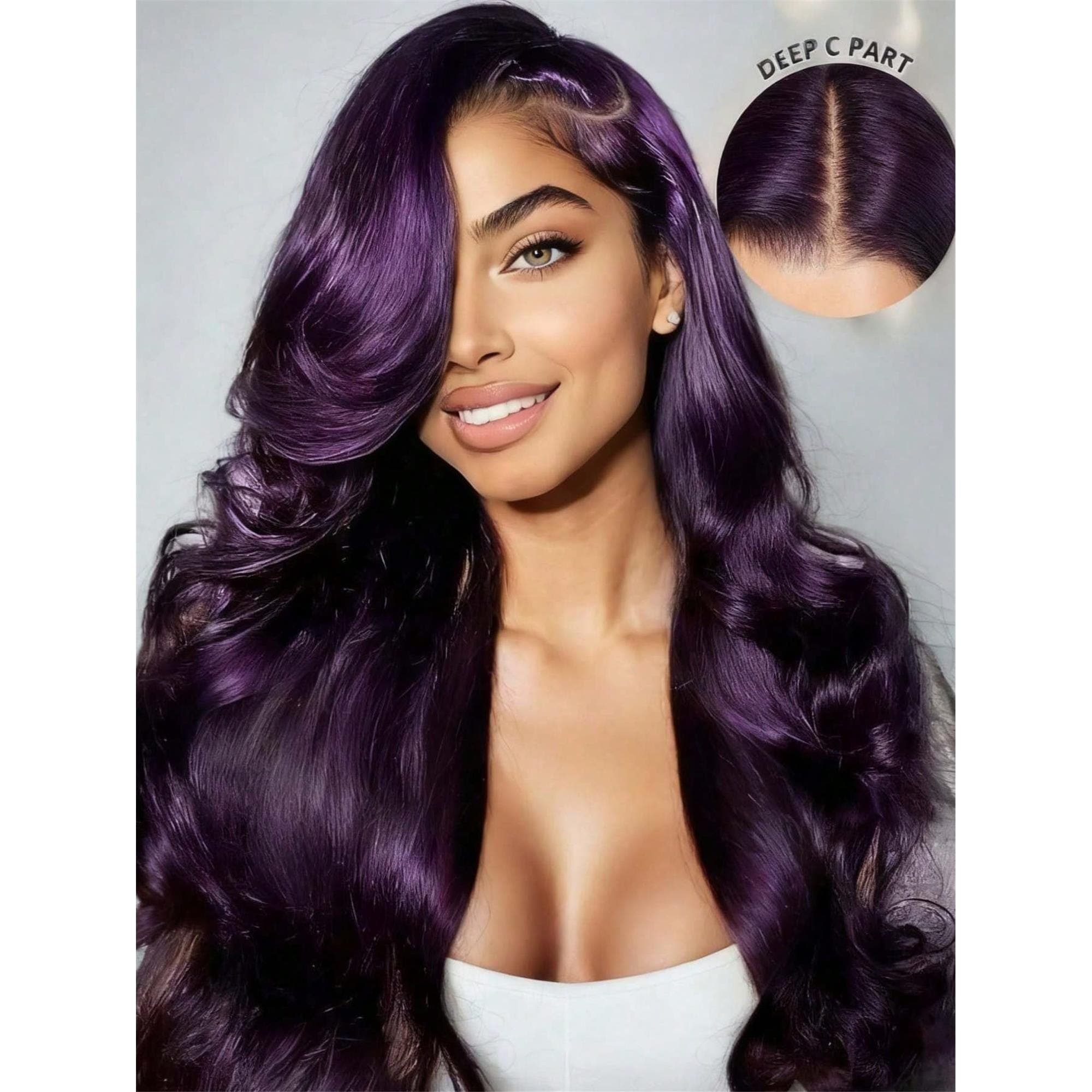 Dark Purple 13x4 HD Transparent Body Wave Lace Front Wigs Human Hair 250 Density Lace Closure Wigs Human Hair Pre Plucked 22-24 inches!! - Thumbnail 3