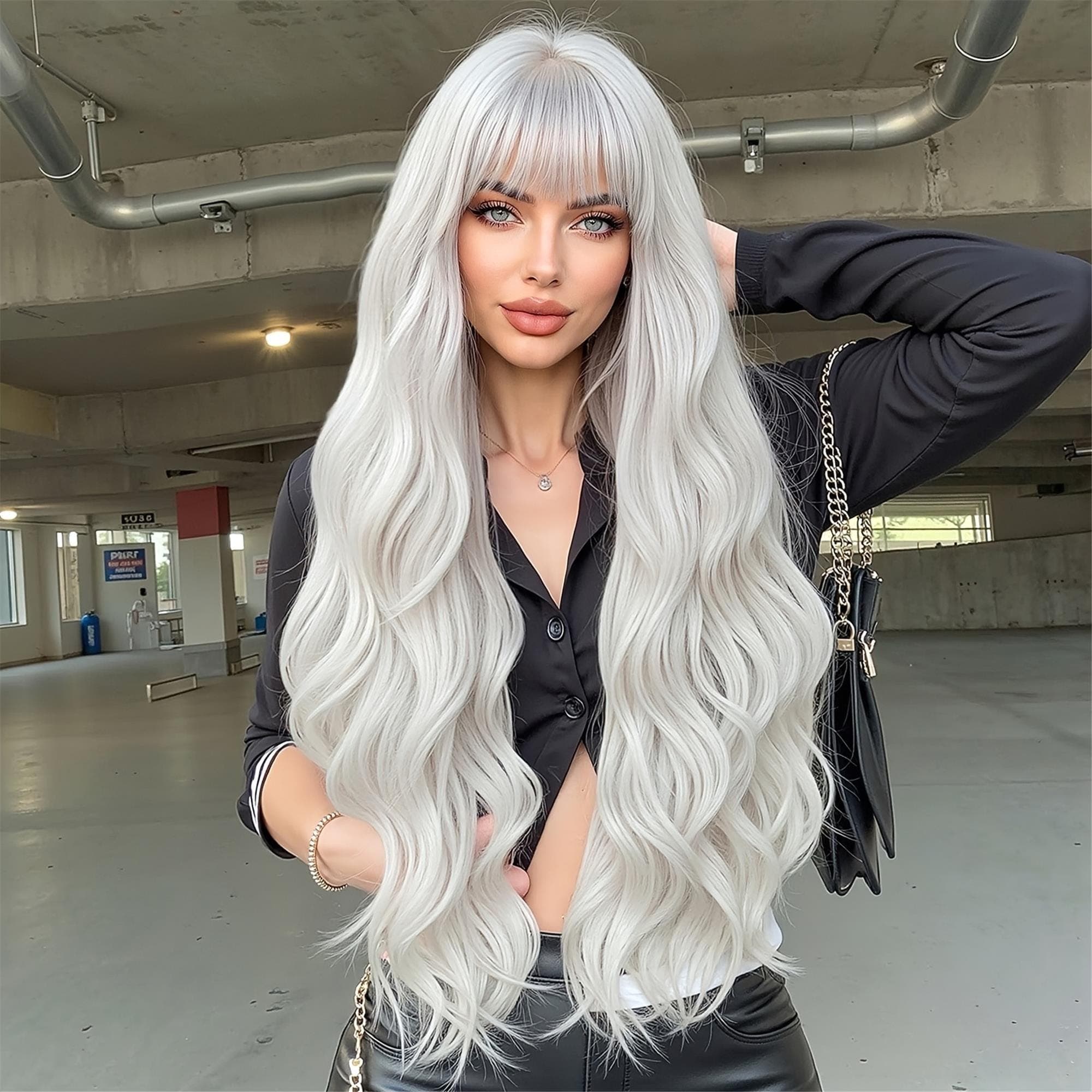 White Curly Wave Rose Net Wig with Bangs