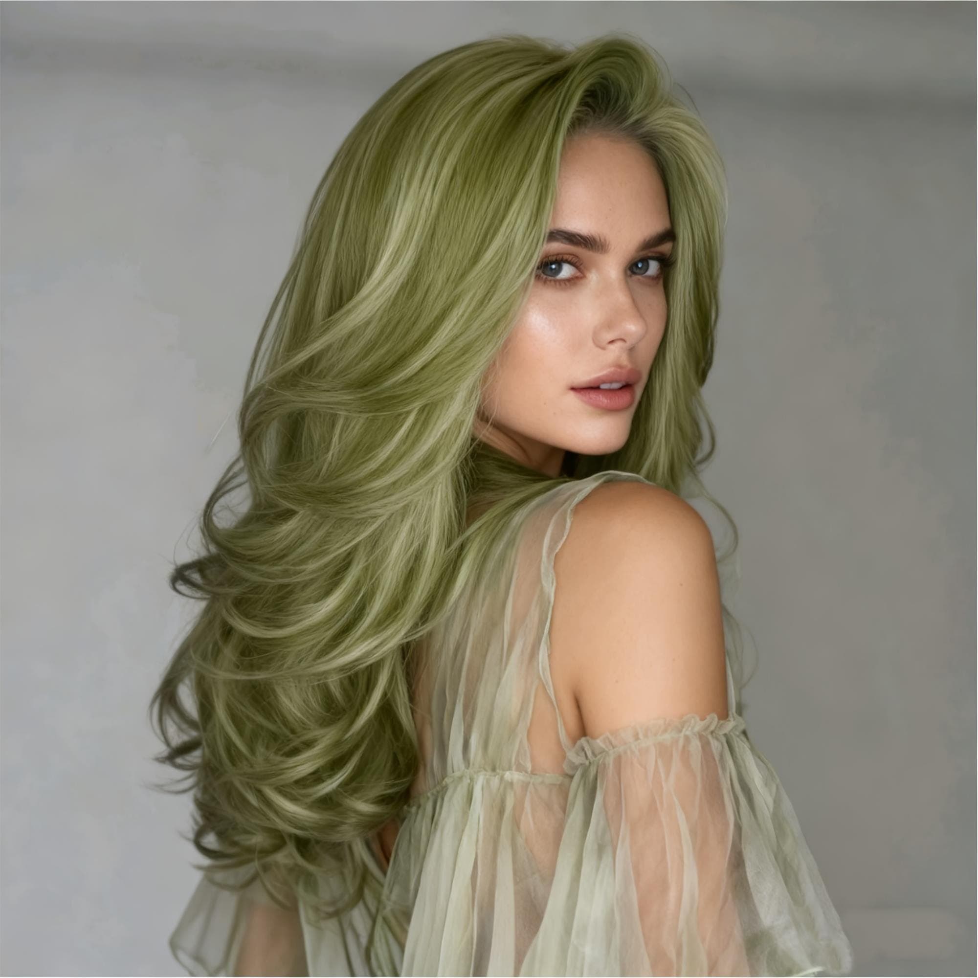Layered Pistachio Green Wavy Wigs for Women | Charming Long Hair with -Looking Voluminous Curls - Thumbnail 8